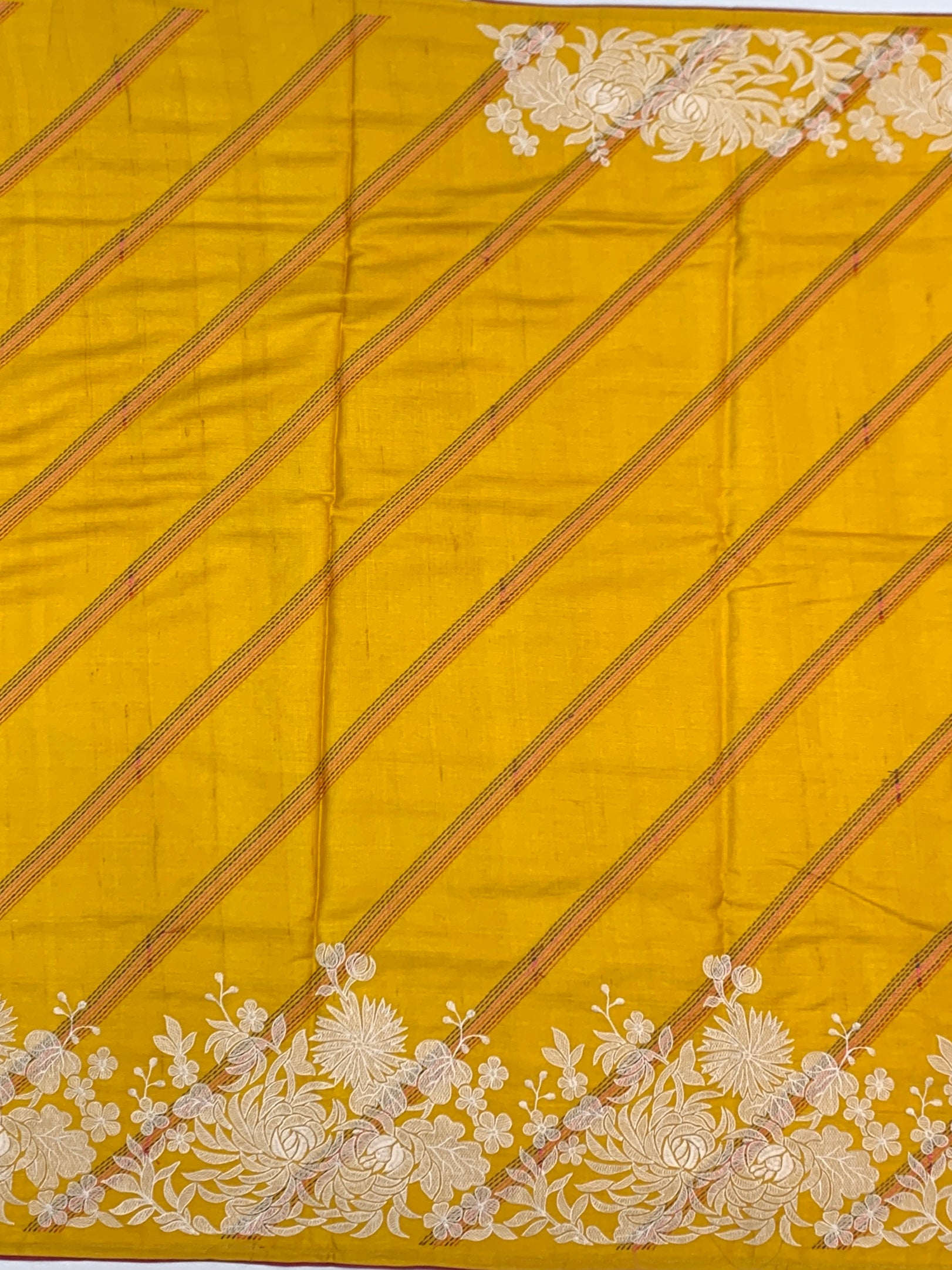 Mustard Yellow Tussore Silk Saree with Intricate Floral Threadwork