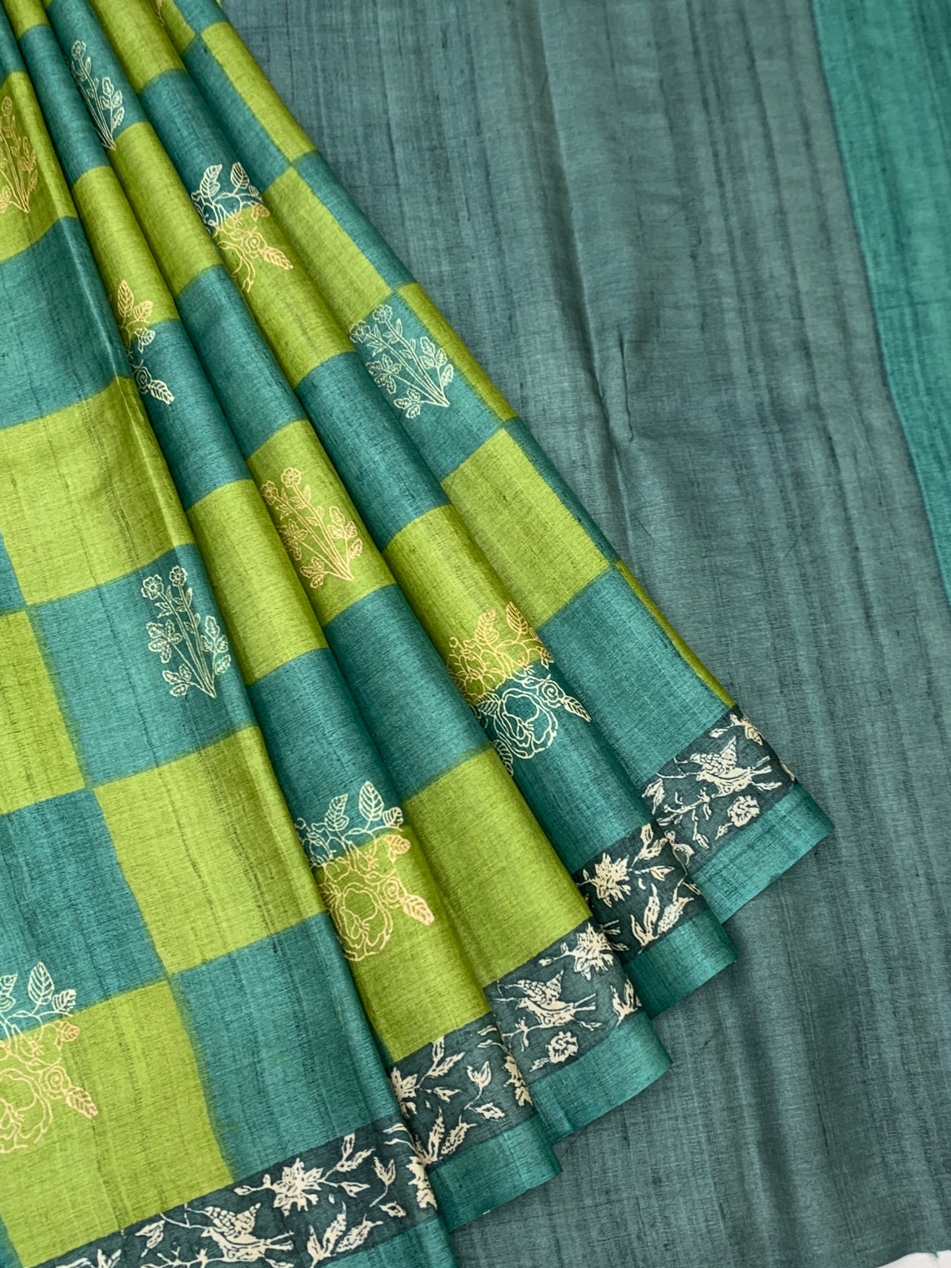 Teal & Lime Green Checked Floral Tussore Saree
