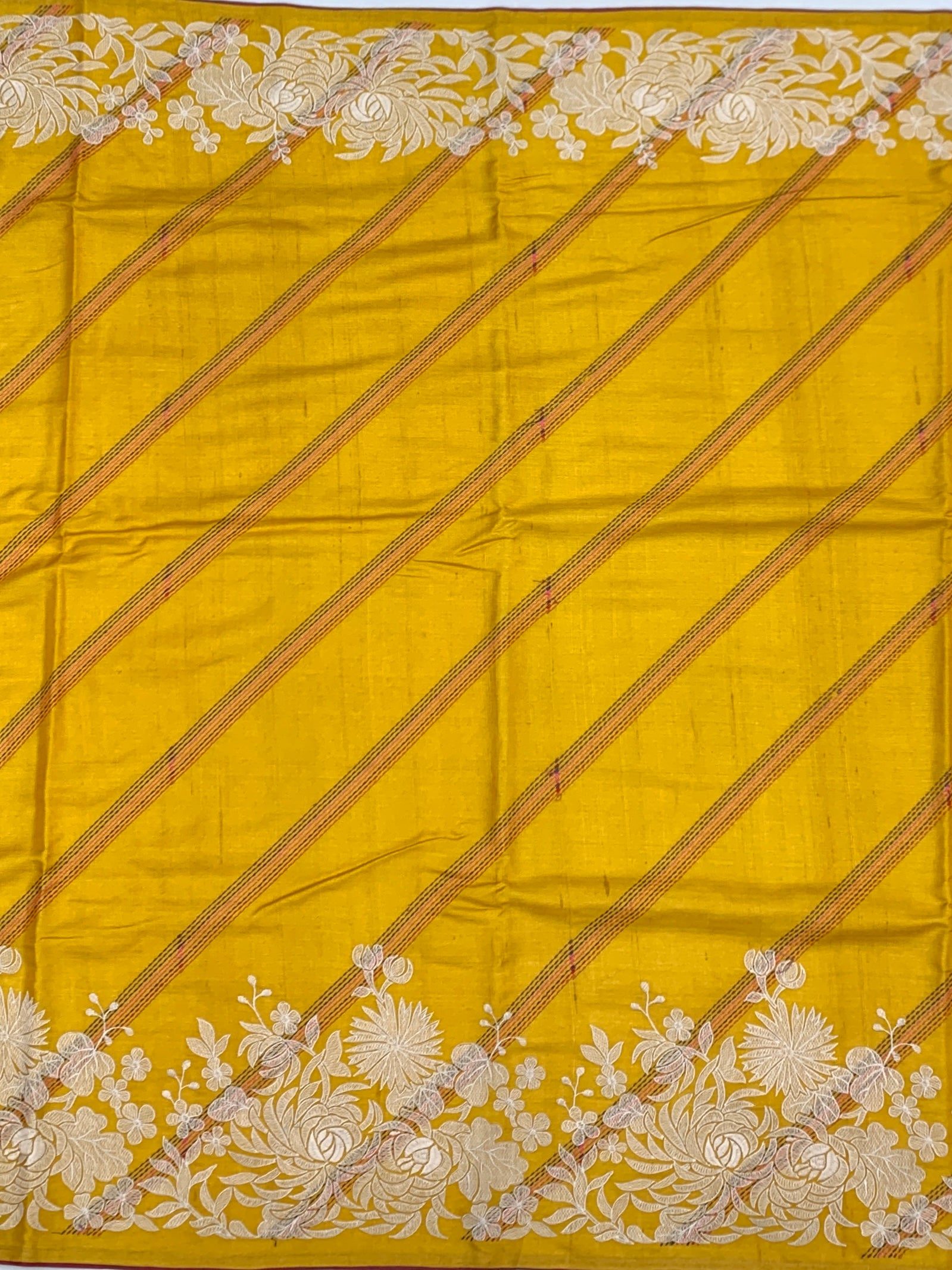 Mustard Yellow Tussore Silk Saree with Intricate Floral Threadwork