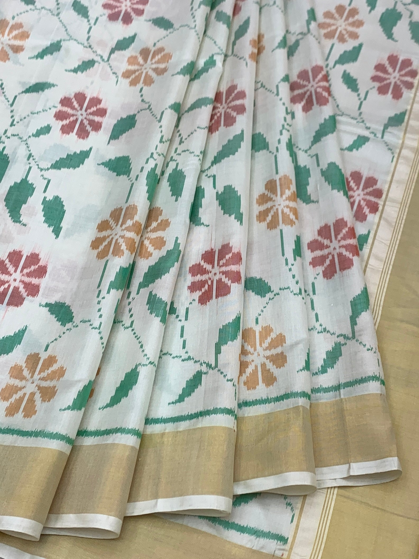 Ivory & Pastel Flora: Botanical Jaal Rajkot Patola Silk Saree
