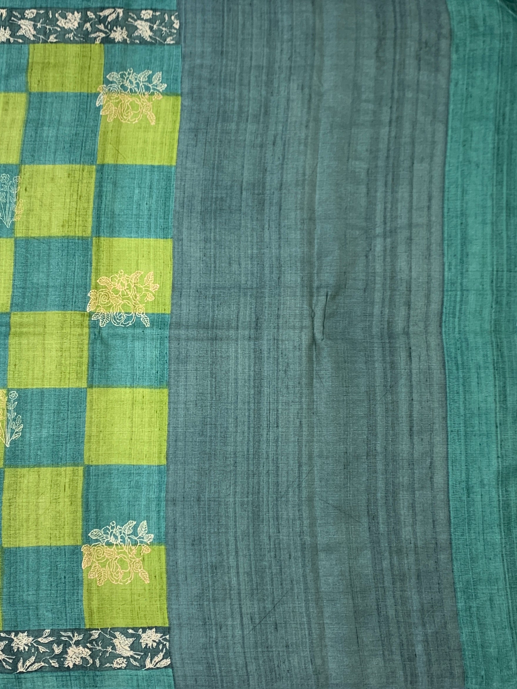 Teal & Lime Green Checked Floral Tussore Saree