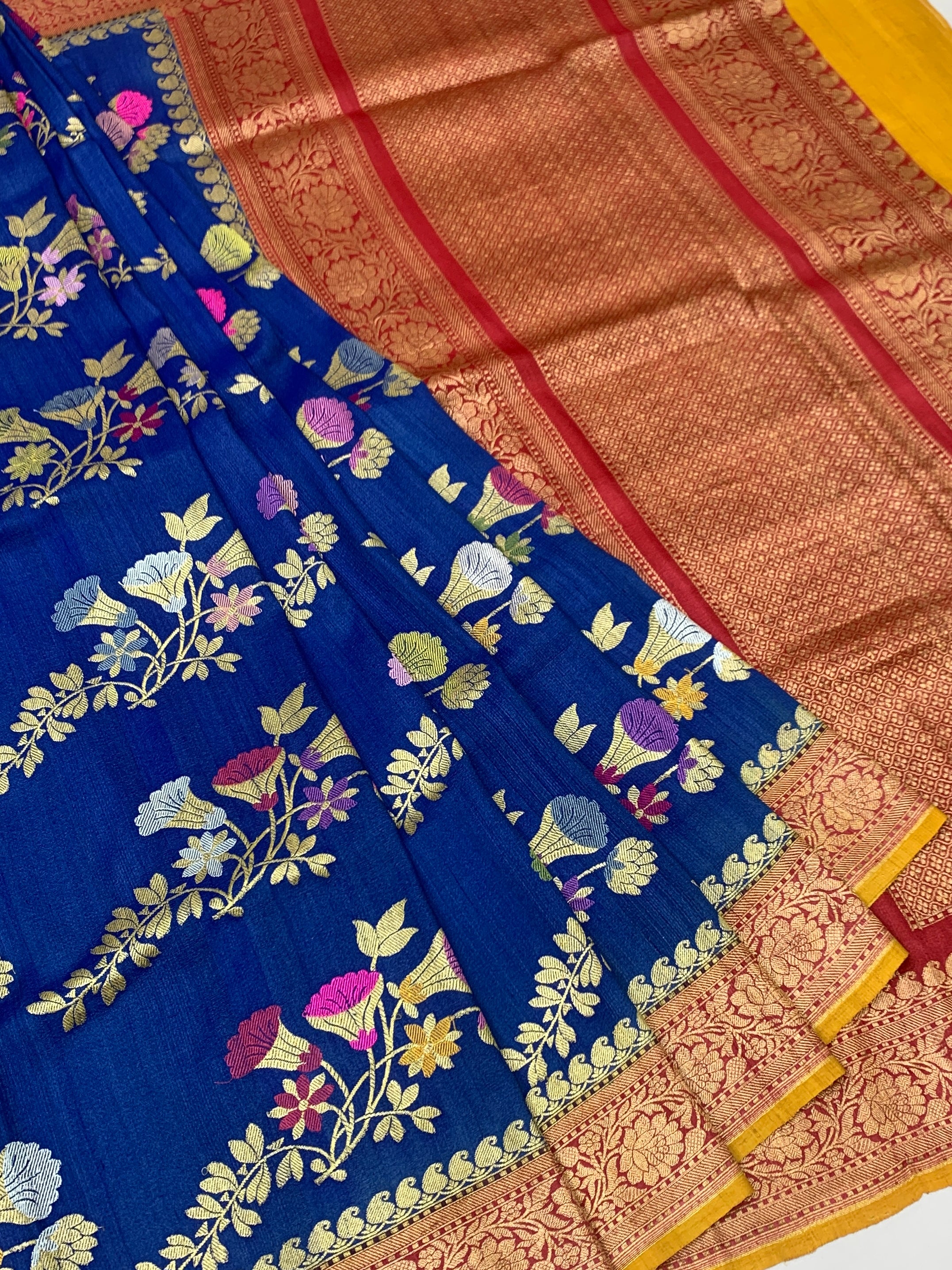 Royal Blue Tussore Georgette Saree with Mustard Yellow Blouse