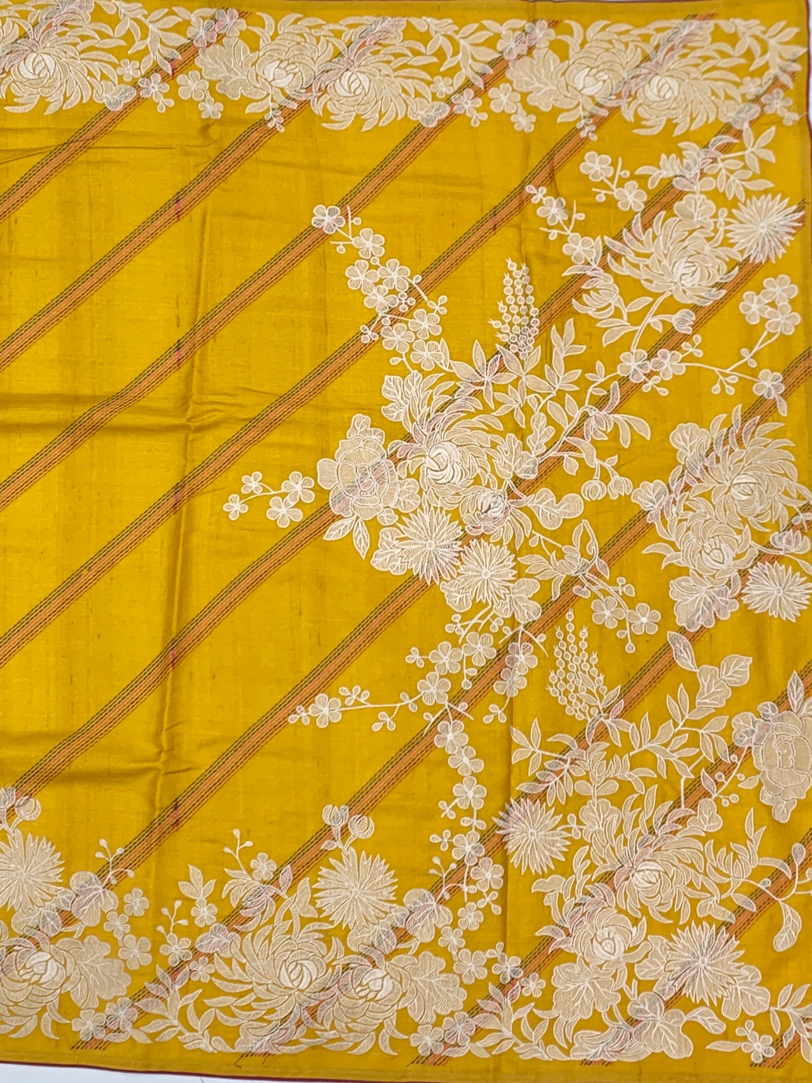 Mustard Yellow Tussore Silk Saree with Intricate Floral Threadwork