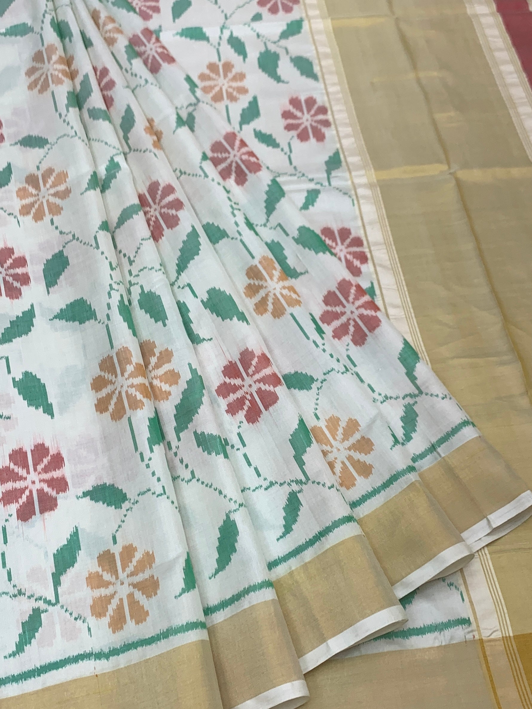 Ivory & Pastel Flora: Botanical Jaal Rajkot Patola Silk Saree