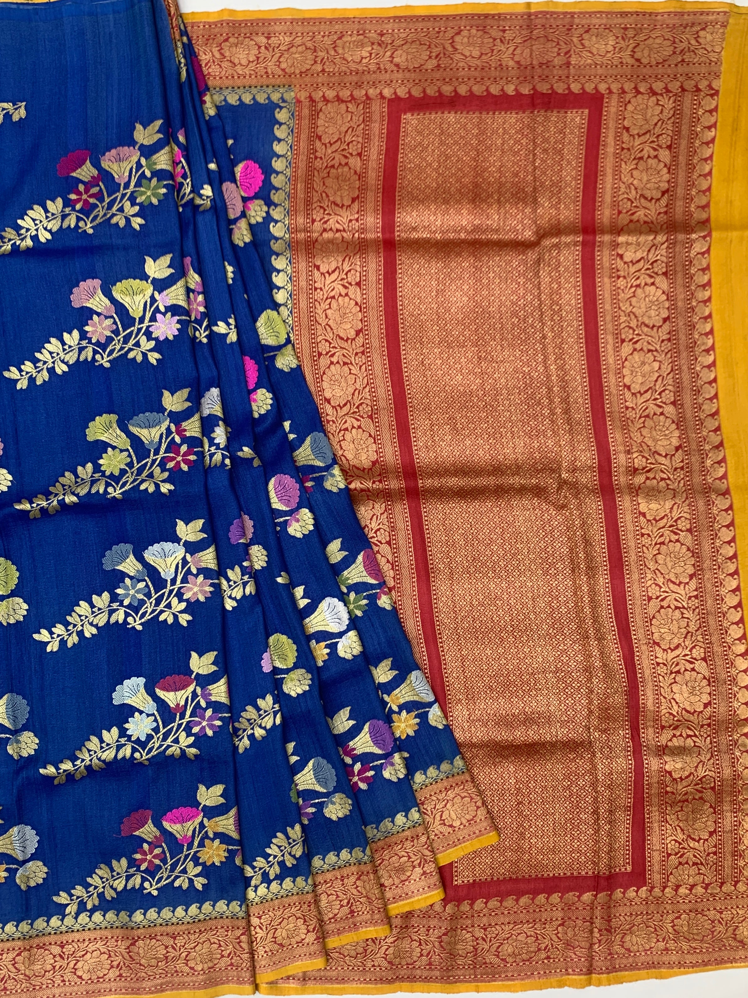 Royal Blue Tussore Georgette Saree with Mustard Yellow Blouse