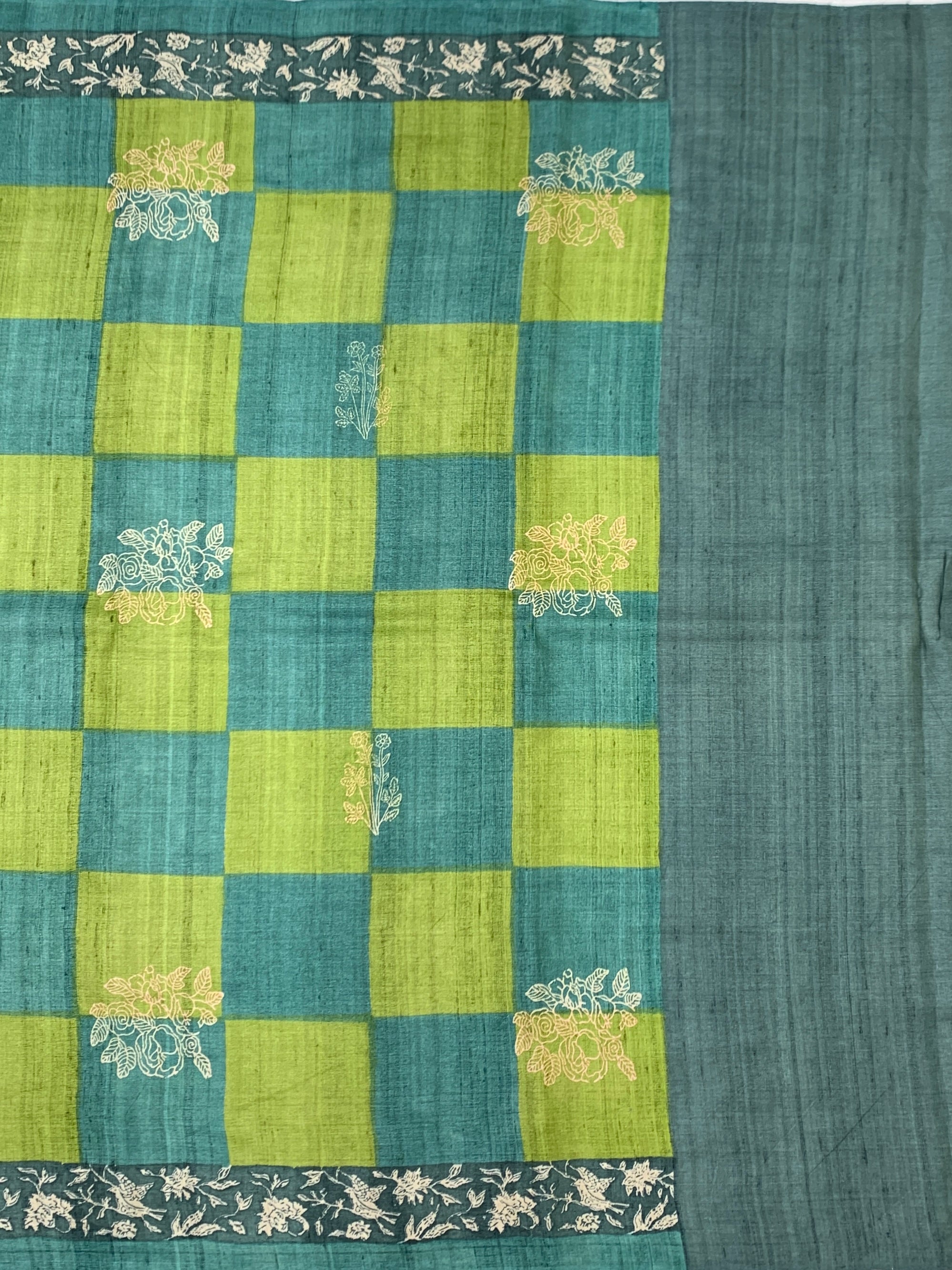 Teal & Lime Green Checked Floral Tussore Saree
