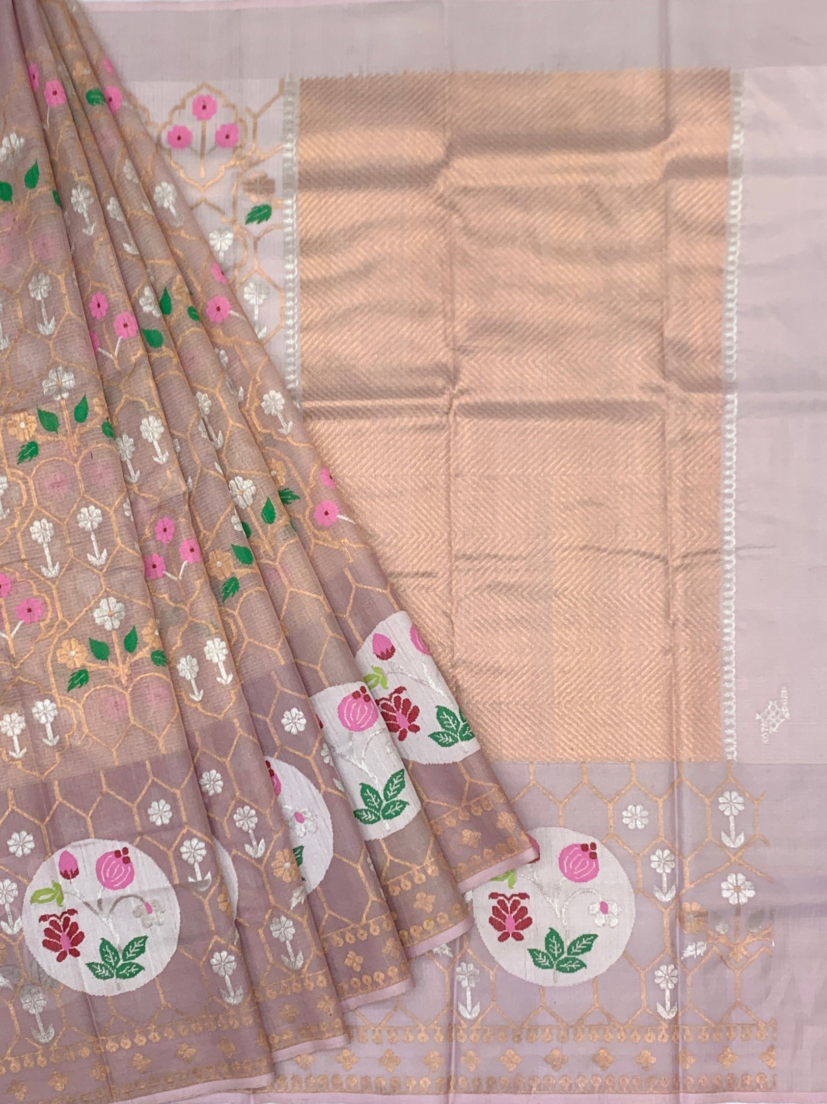 Floral Lattice Tissue Zari Kota Saree with Medallion Border