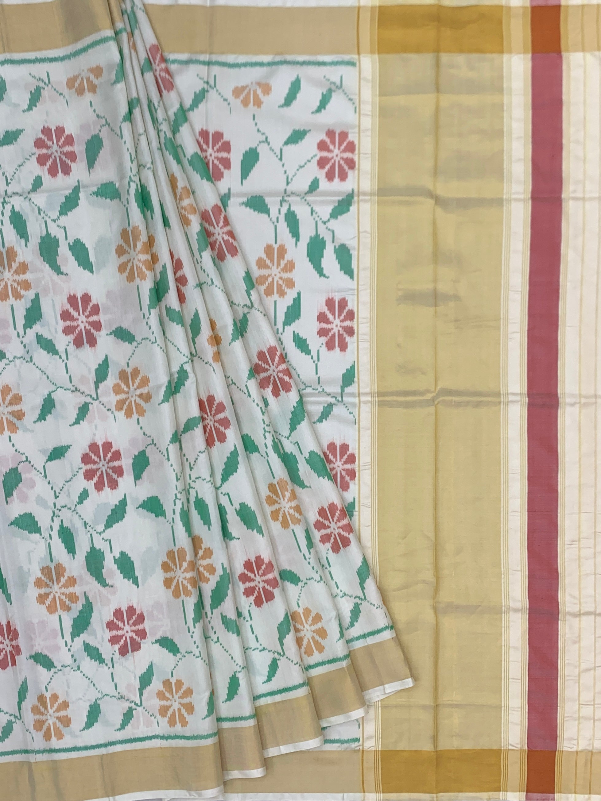 Ivory & Pastel Flora: Botanical Jaal Rajkot Patola Silk Saree