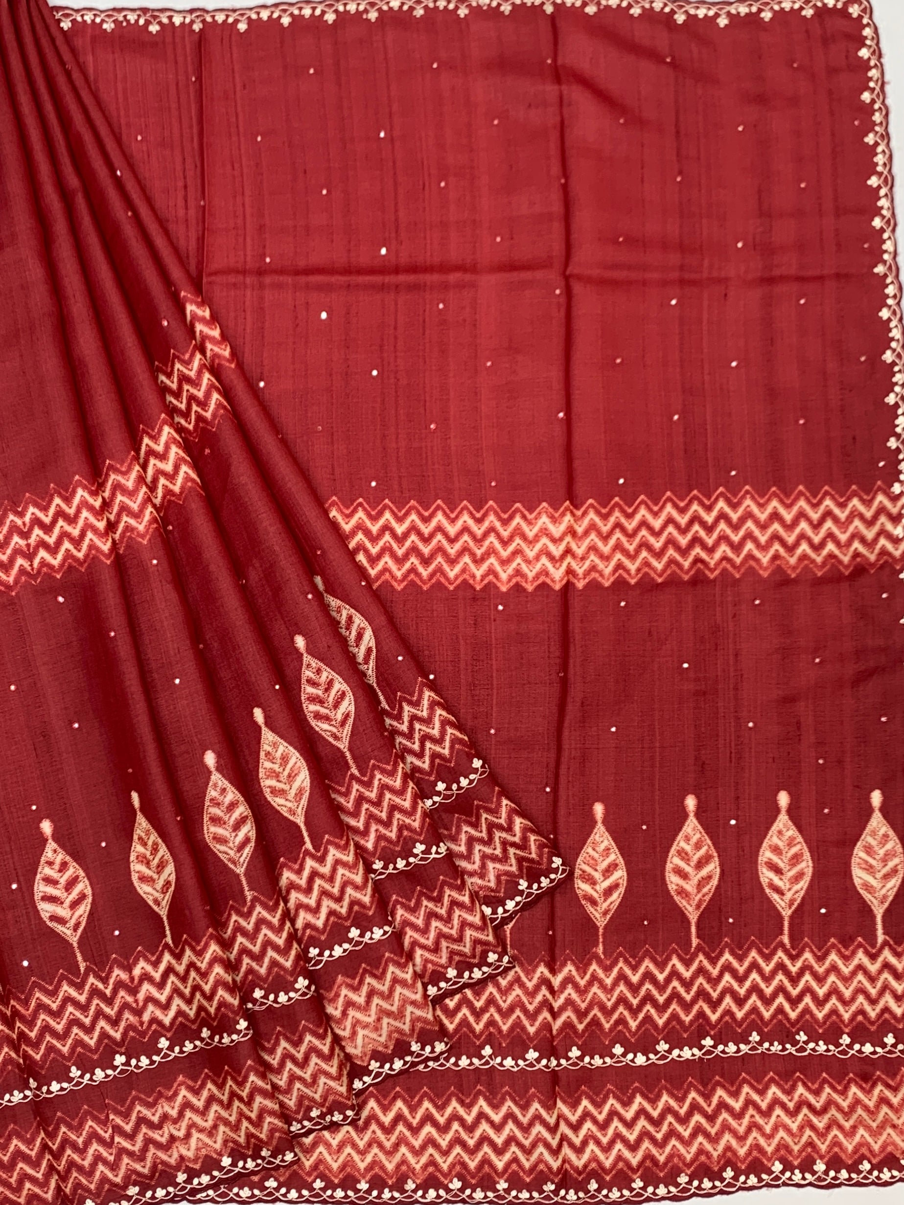 Deep Maroon Tussore Silk Saree with Chevron & Leaf Embroidery