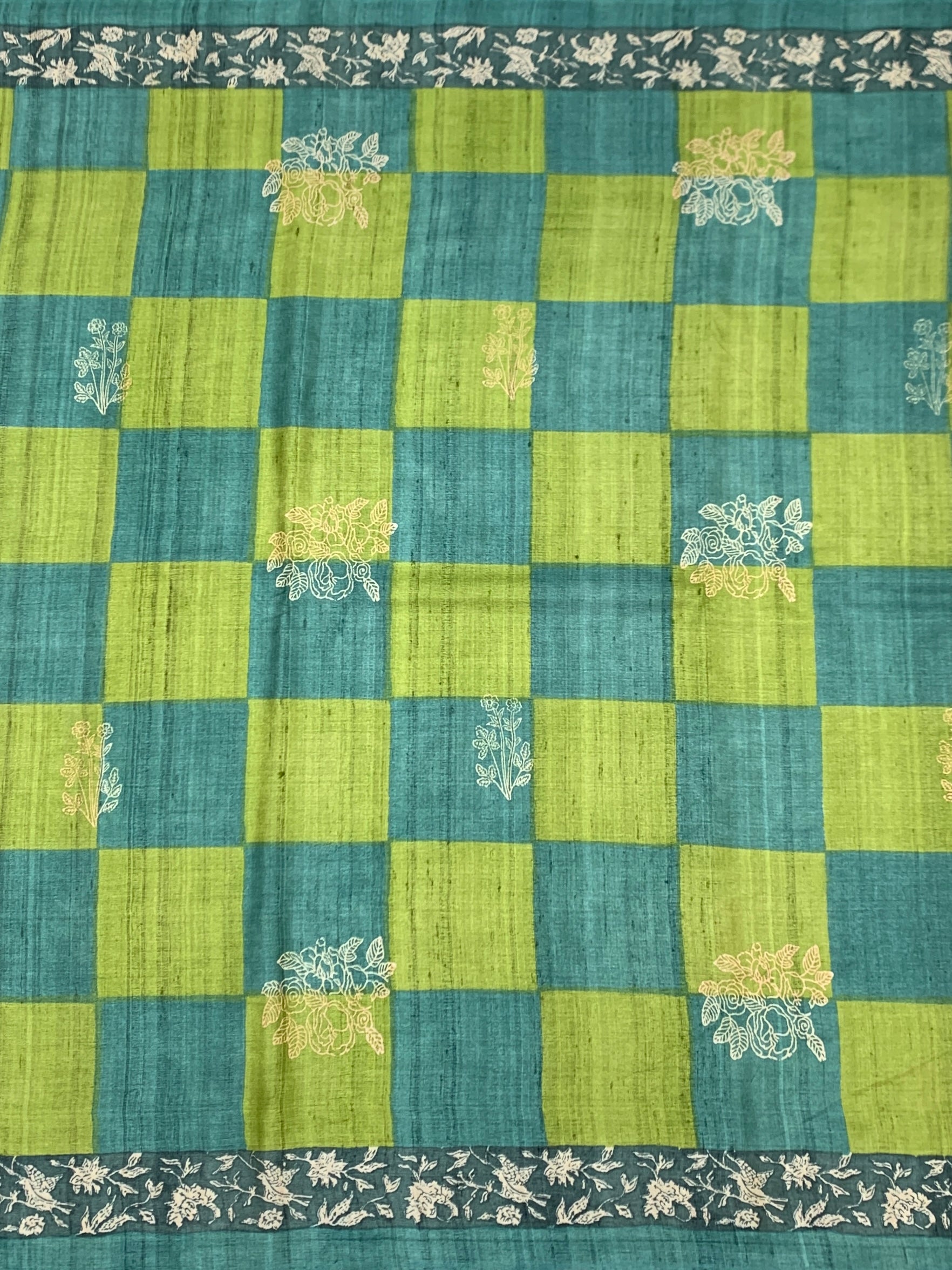 Teal & Lime Green Checked Floral Tussore Saree