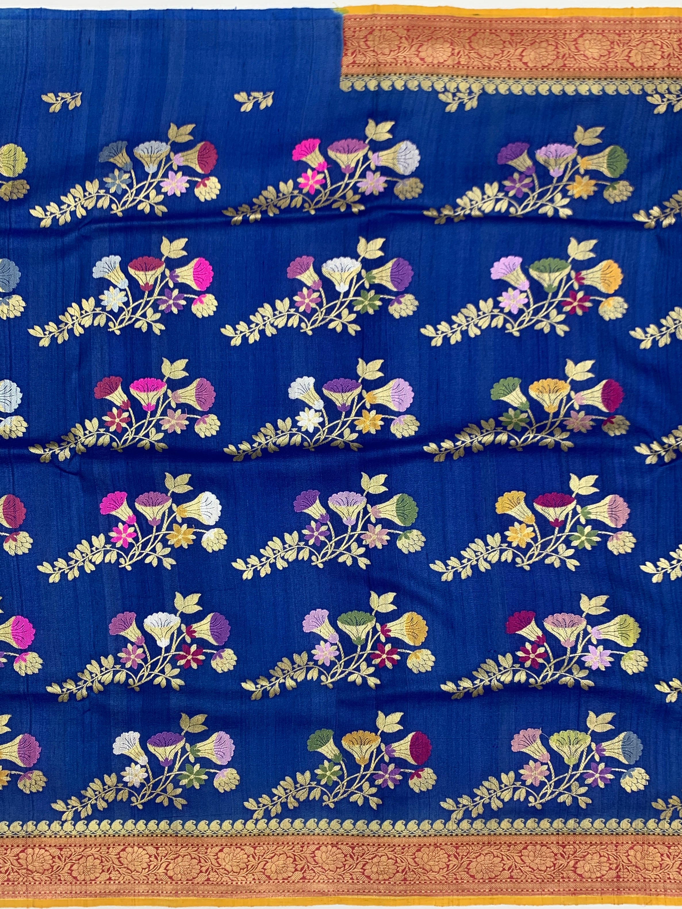 Royal Blue Tussore Georgette Saree with Mustard Yellow Blouse