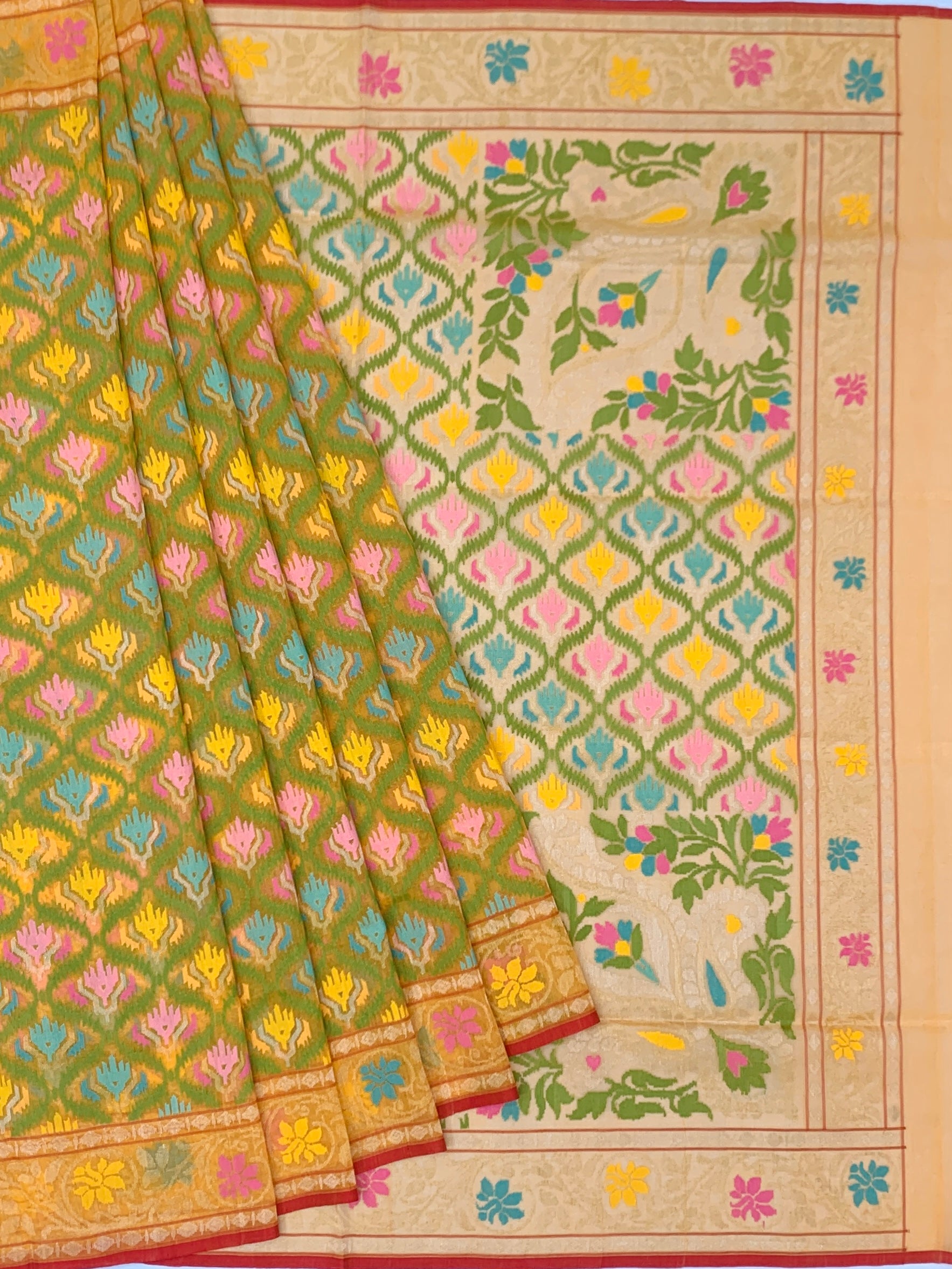 Lush Green and Beige Cotton Jamdani Saree with Geometric Trellis and Floral Weaves