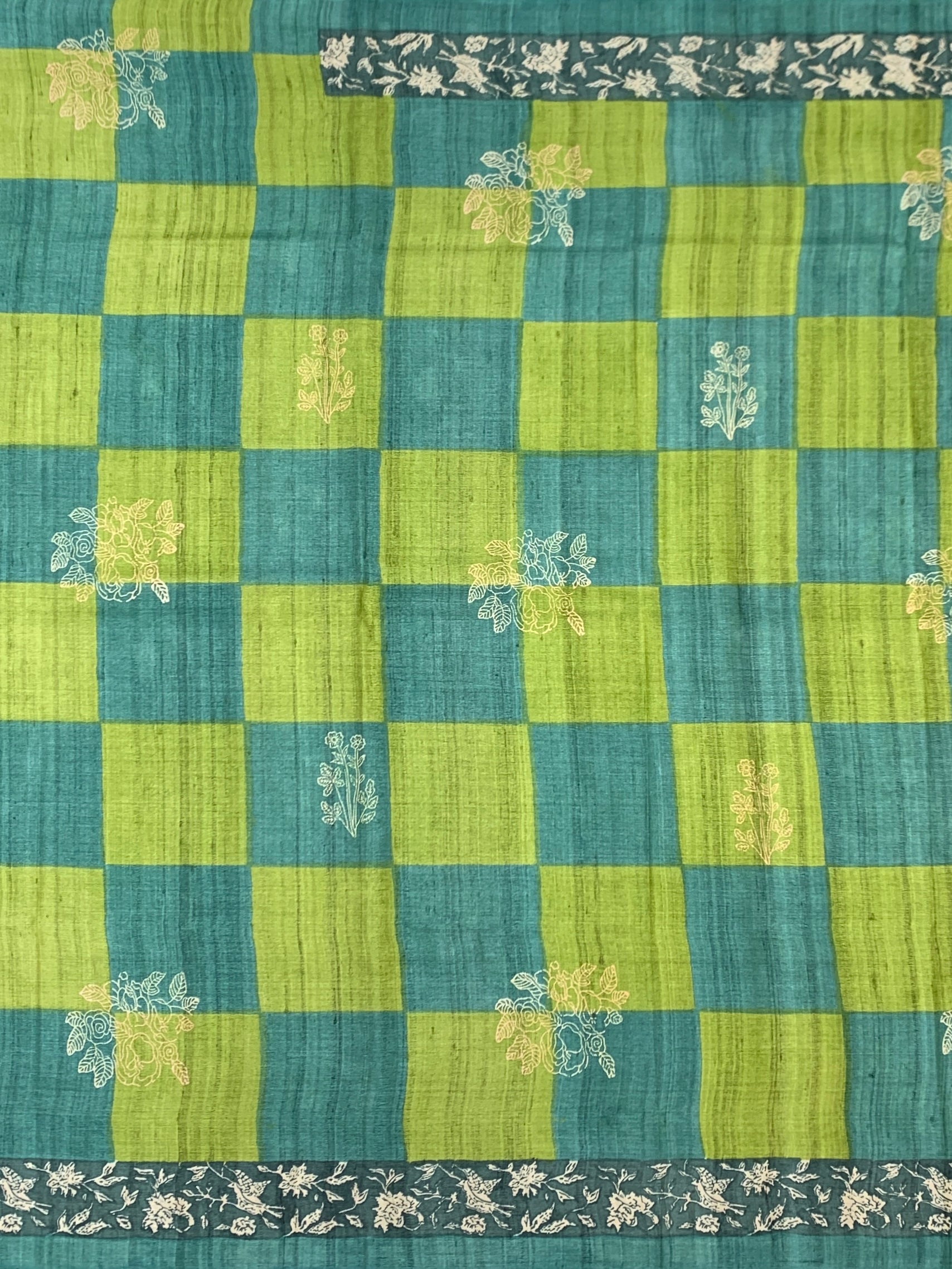 Teal & Lime Green Checked Floral Tussore Saree