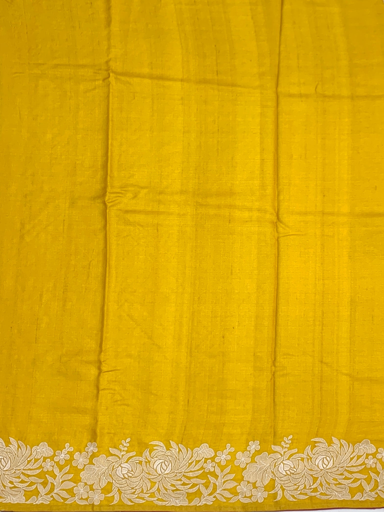 Mustard Yellow Tussore Silk Saree with Intricate Floral Threadwork