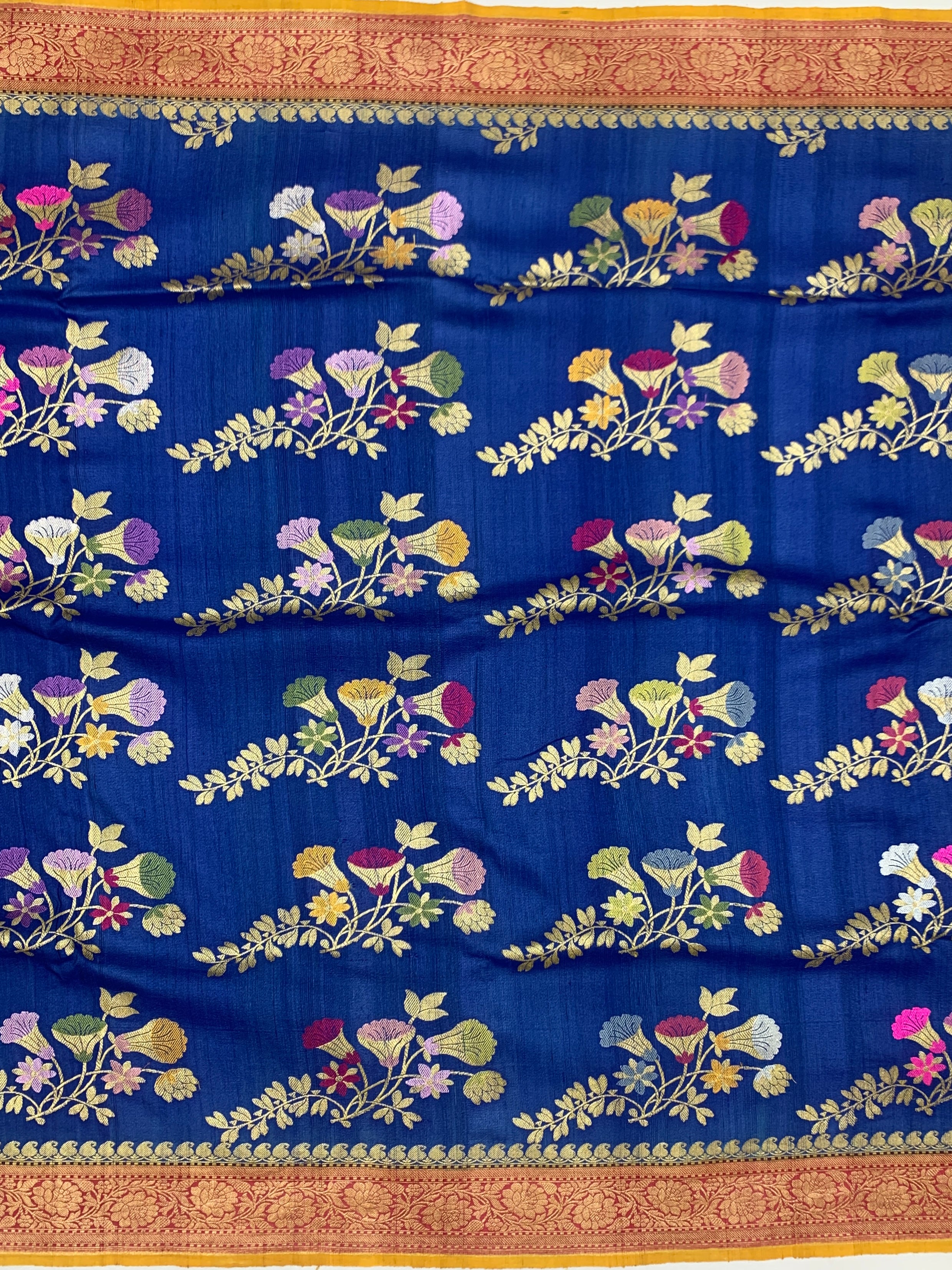 Royal Blue Tussore Georgette Saree with Mustard Yellow Blouse