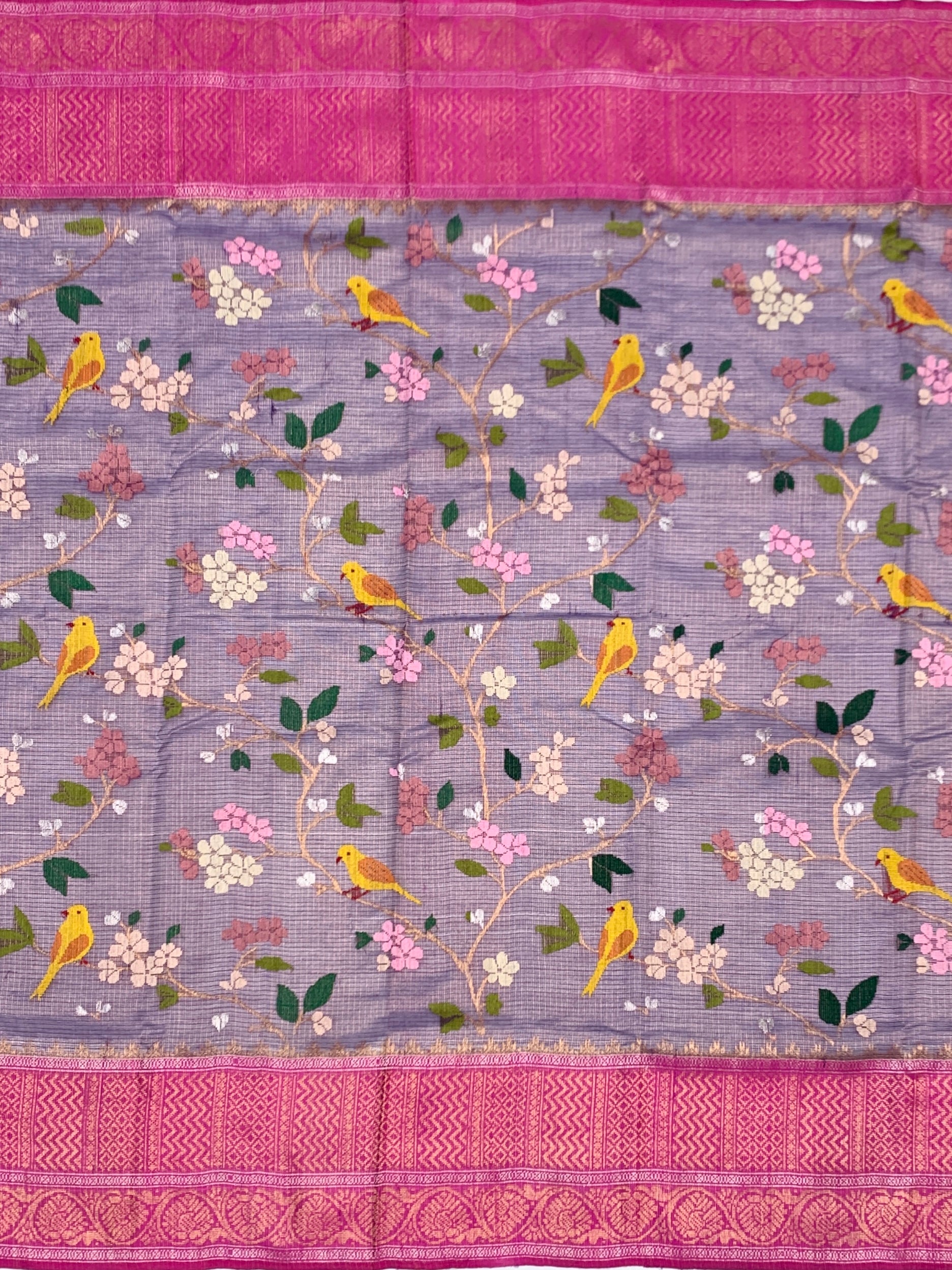 Plum Bird-Motif Tissue Zari Kota Saree with Fuchsia Blouse