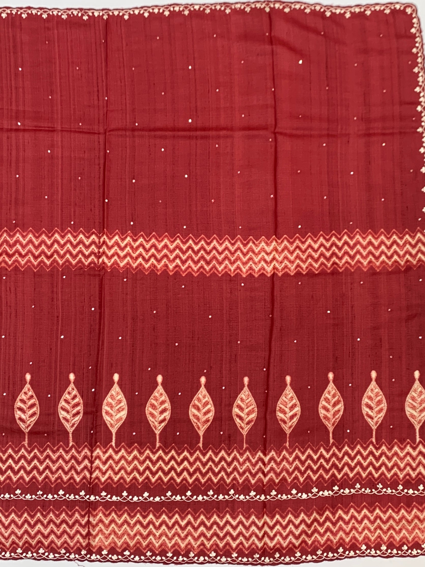 Deep Maroon Tussore Silk Saree with Chevron & Leaf Embroidery