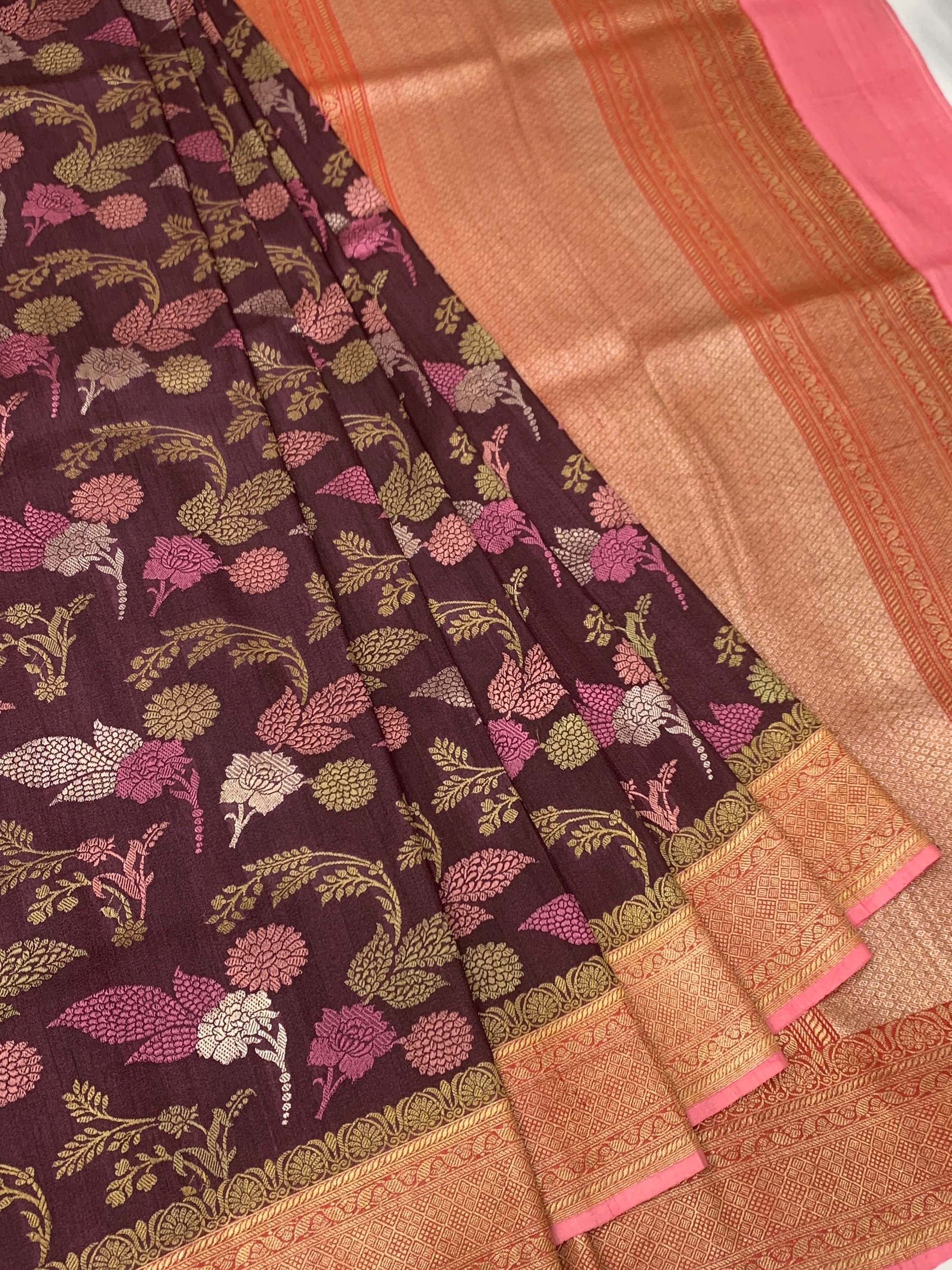 Deep Wine Tussore Georgette Saree with Floral Jaal & Contrasting Blouse