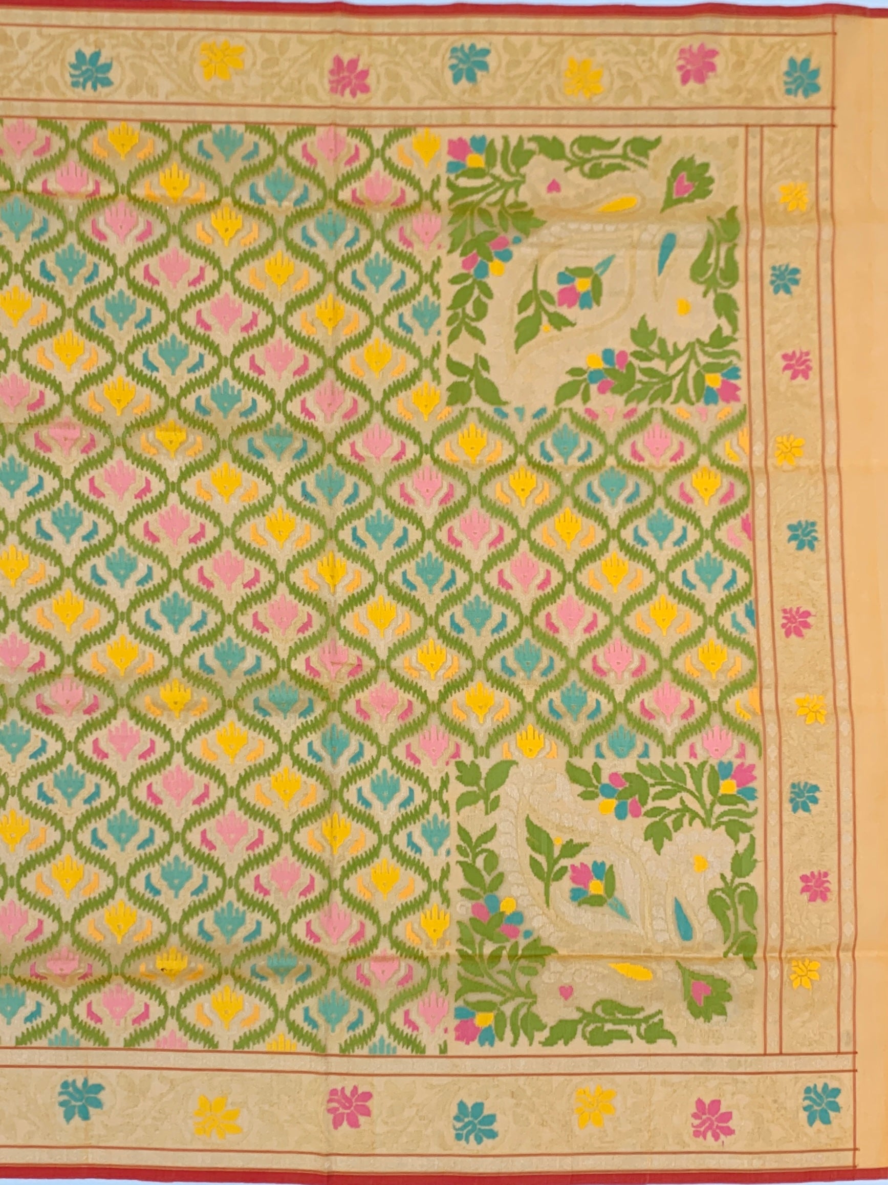 Lush Green and Beige Cotton Jamdani Saree with Geometric Trellis and Floral Weaves