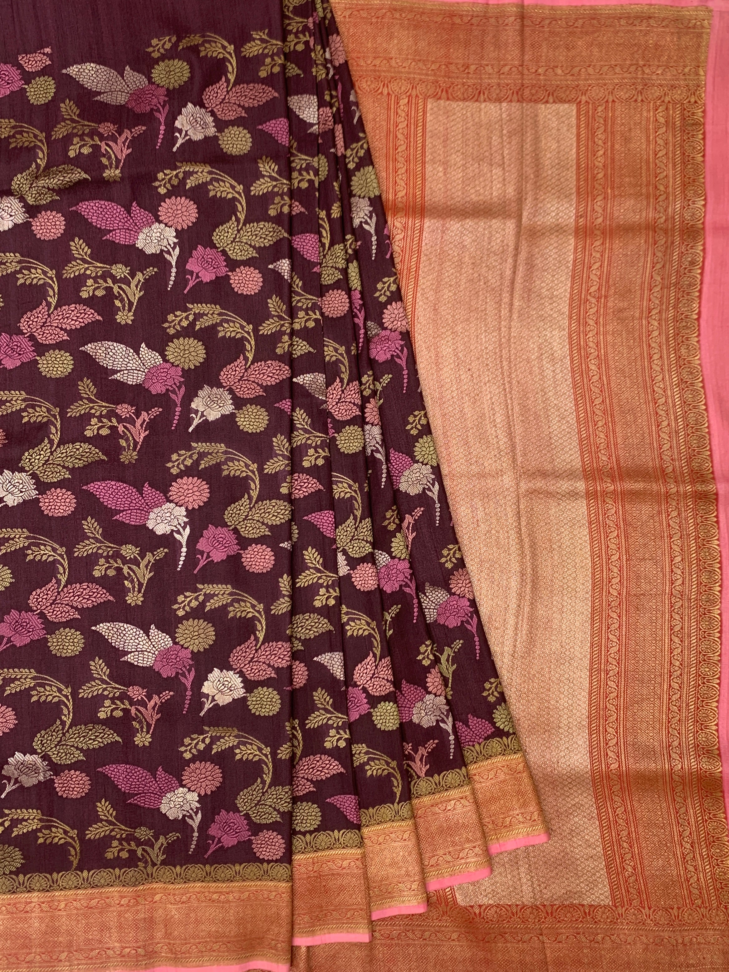 Deep Wine Tussore Georgette Saree with Floral Jaal & Contrasting Blouse