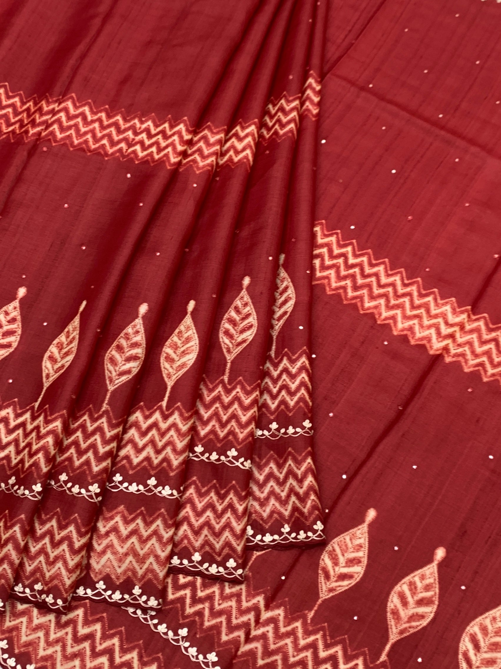 Deep Maroon Tussore Silk Saree with Chevron & Leaf Embroidery