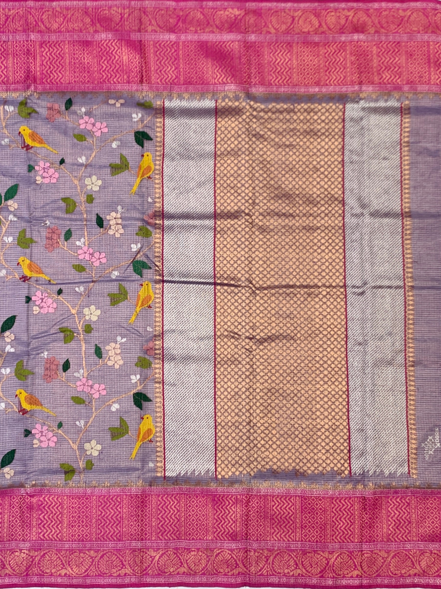 Plum Bird-Motif Tissue Zari Kota Saree with Fuchsia Blouse