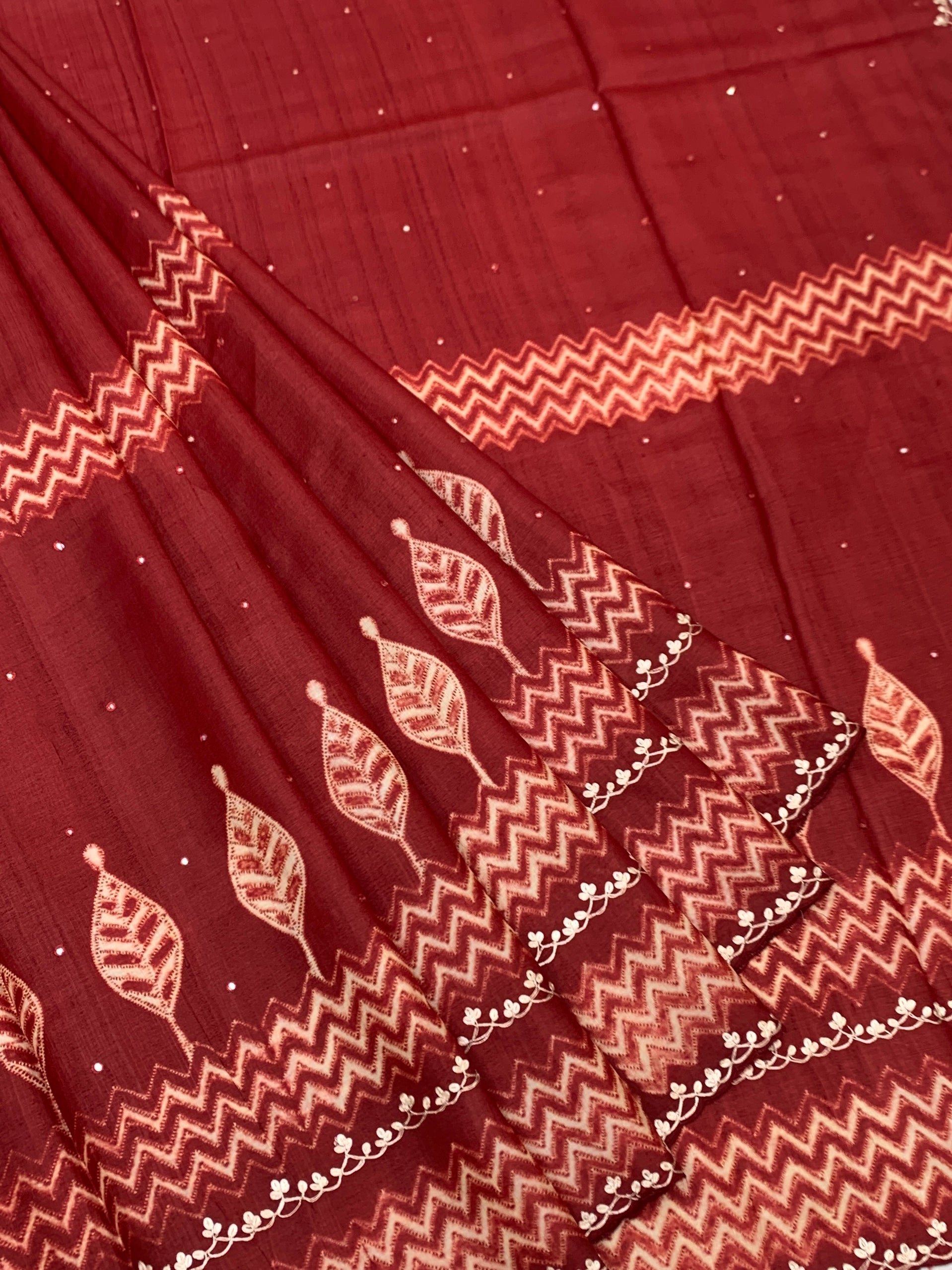 Deep Maroon Tussore Silk Saree with Chevron & Leaf Embroidery