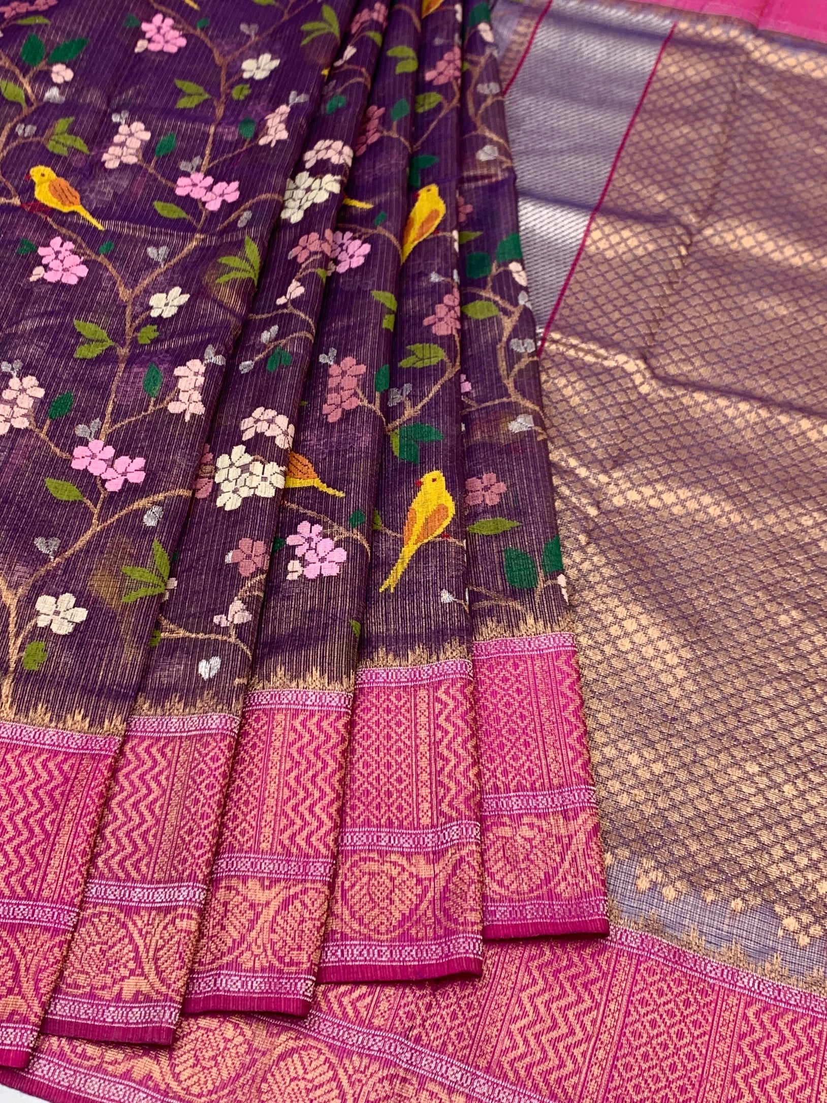 Plum Bird-Motif Tissue Zari Kota Saree with Fuchsia Blouse