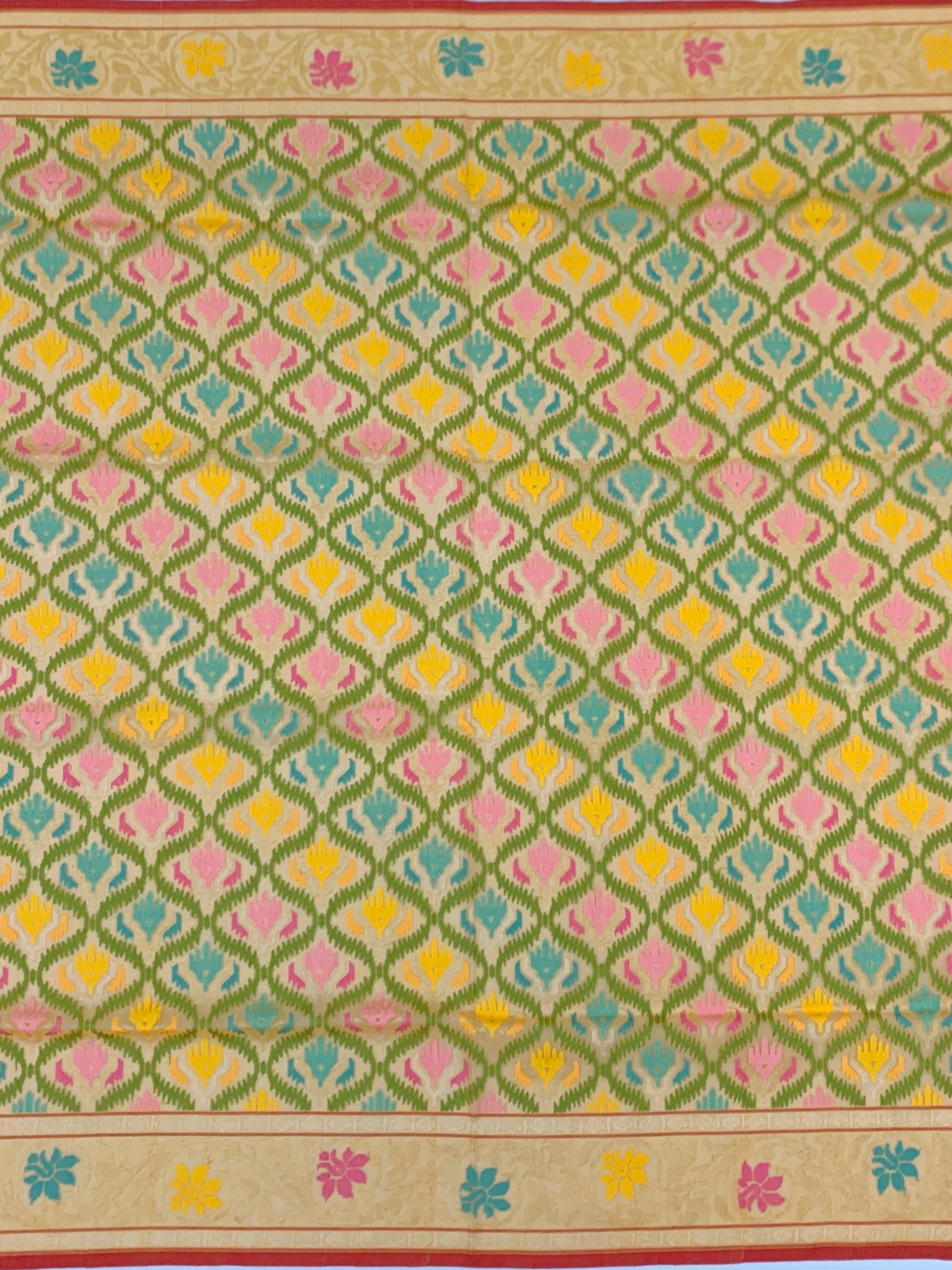 Lush Green and Beige Cotton Jamdani Saree with Geometric Trellis and Floral Weaves