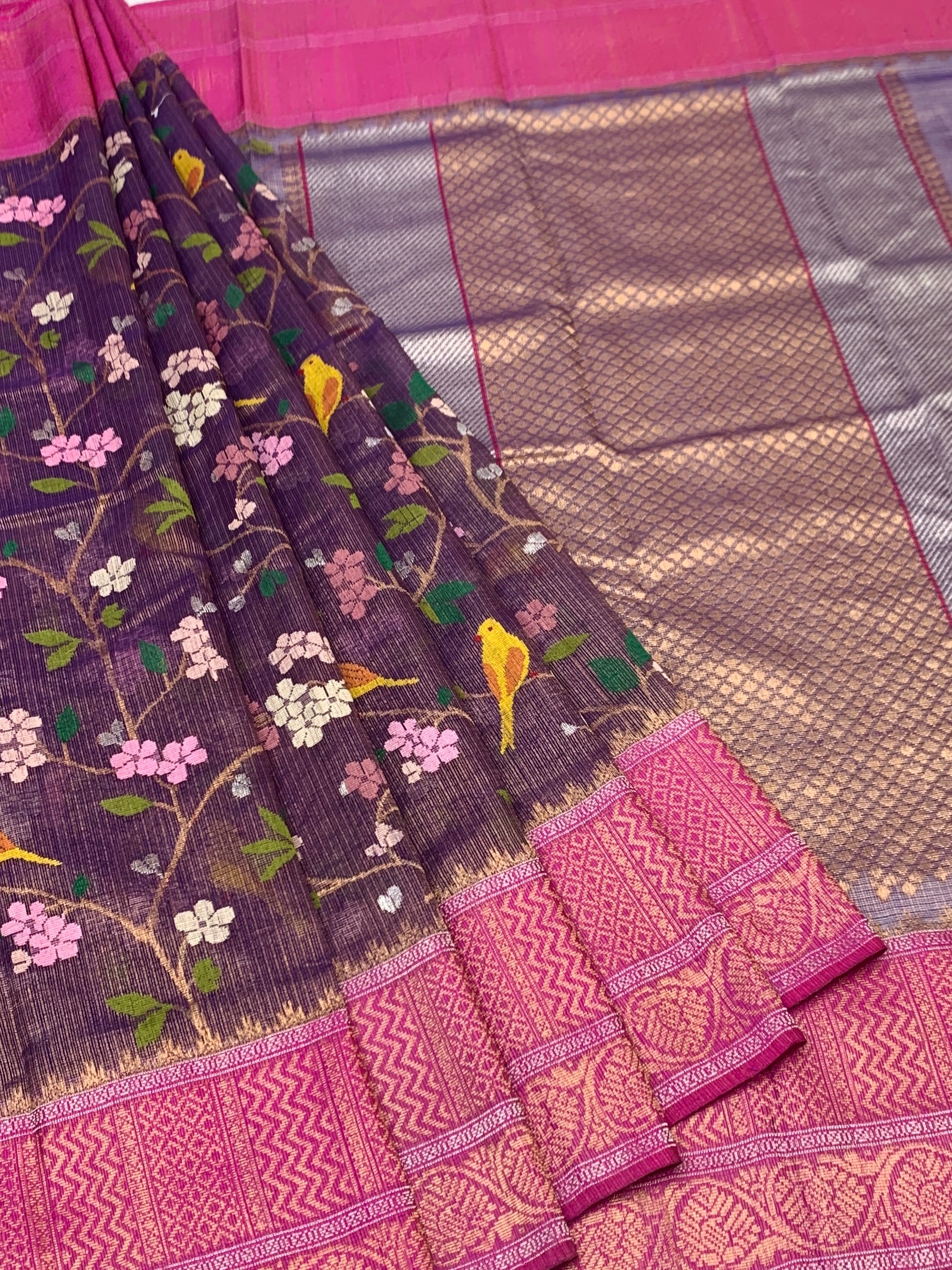 Plum Bird-Motif Tissue Zari Kota Saree with Fuchsia Blouse