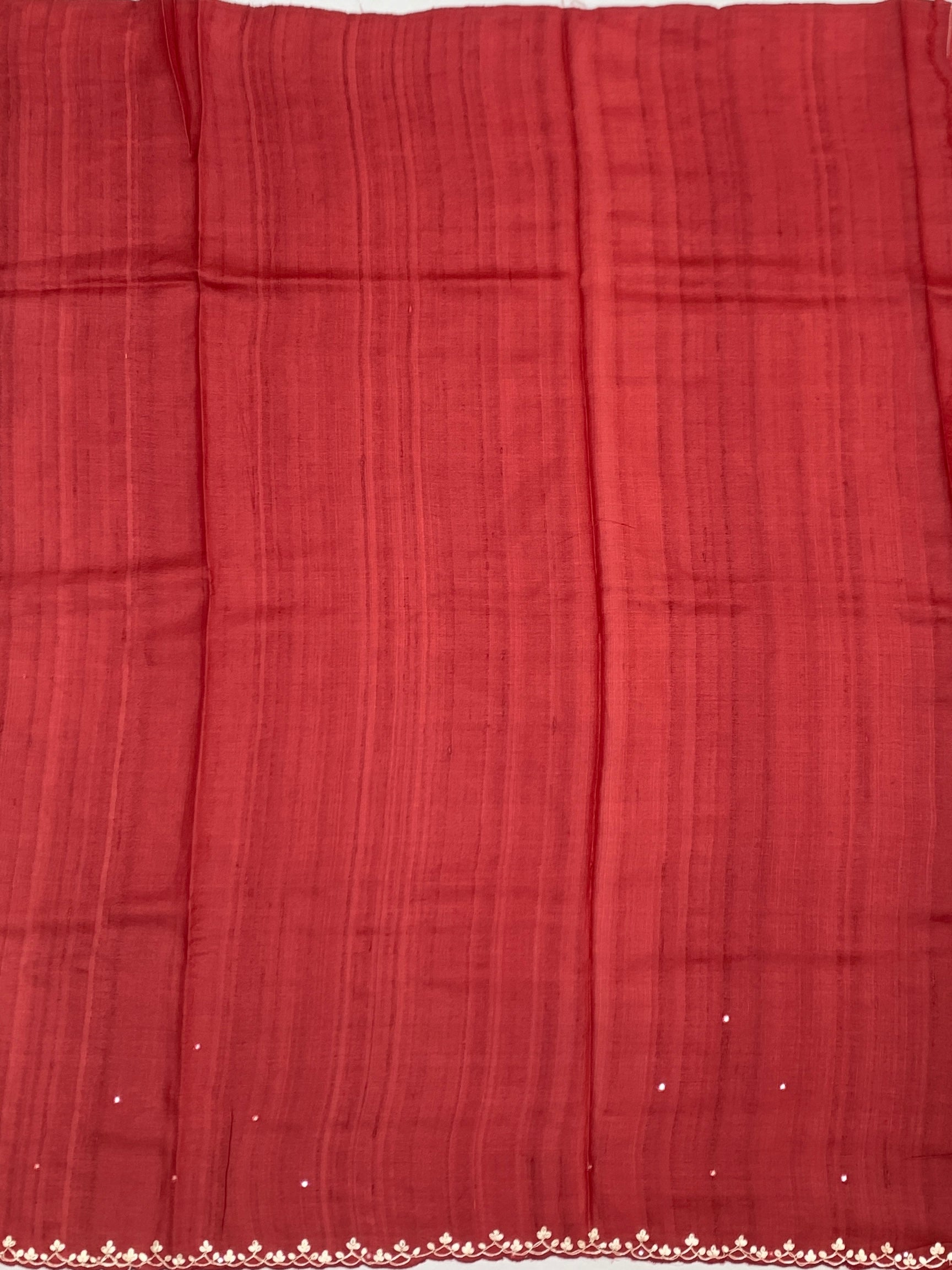 Deep Maroon Tussore Silk Saree with Chevron & Leaf Embroidery