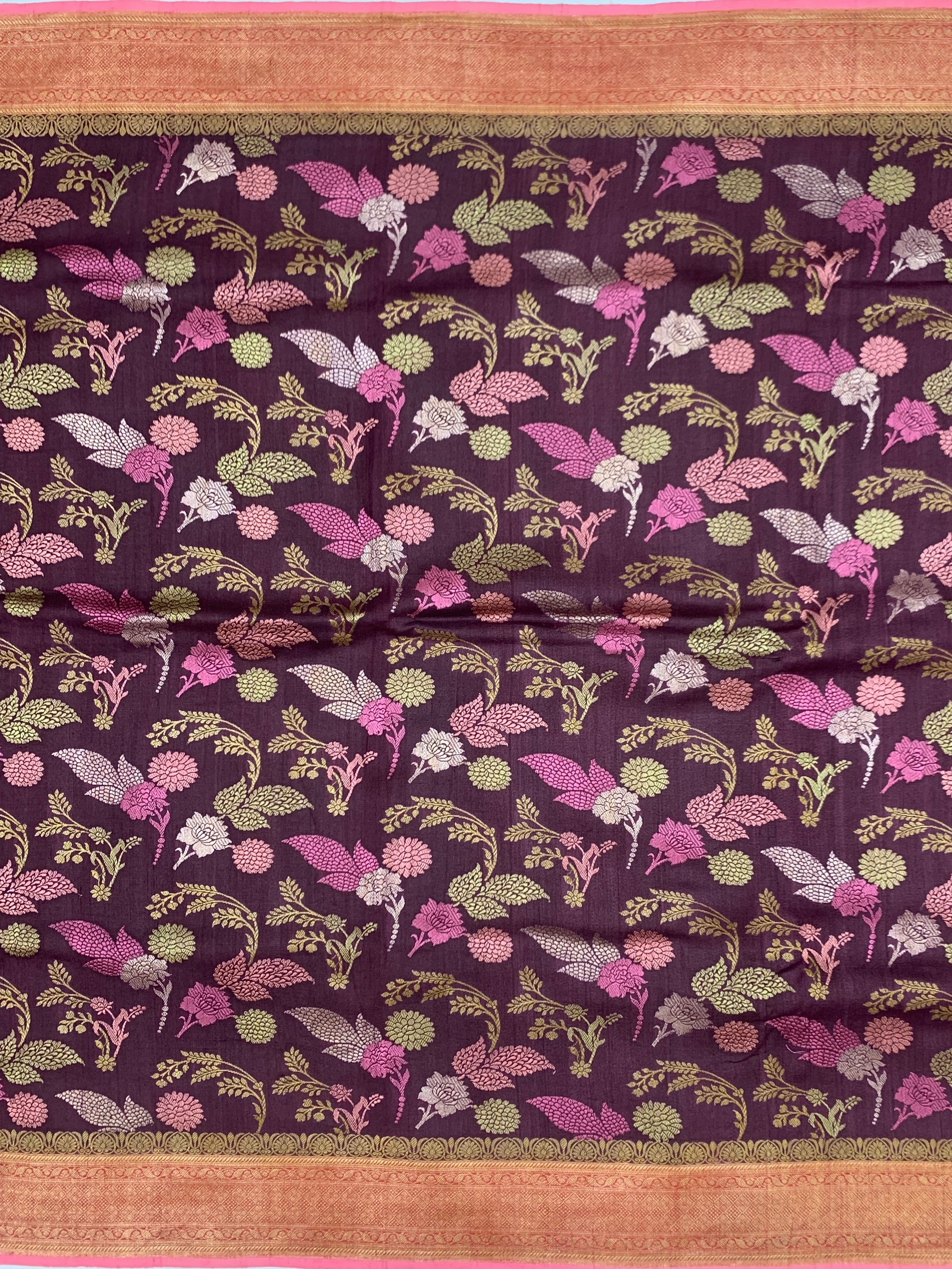Deep Wine Tussore Georgette Saree with Floral Jaal & Contrasting Blouse