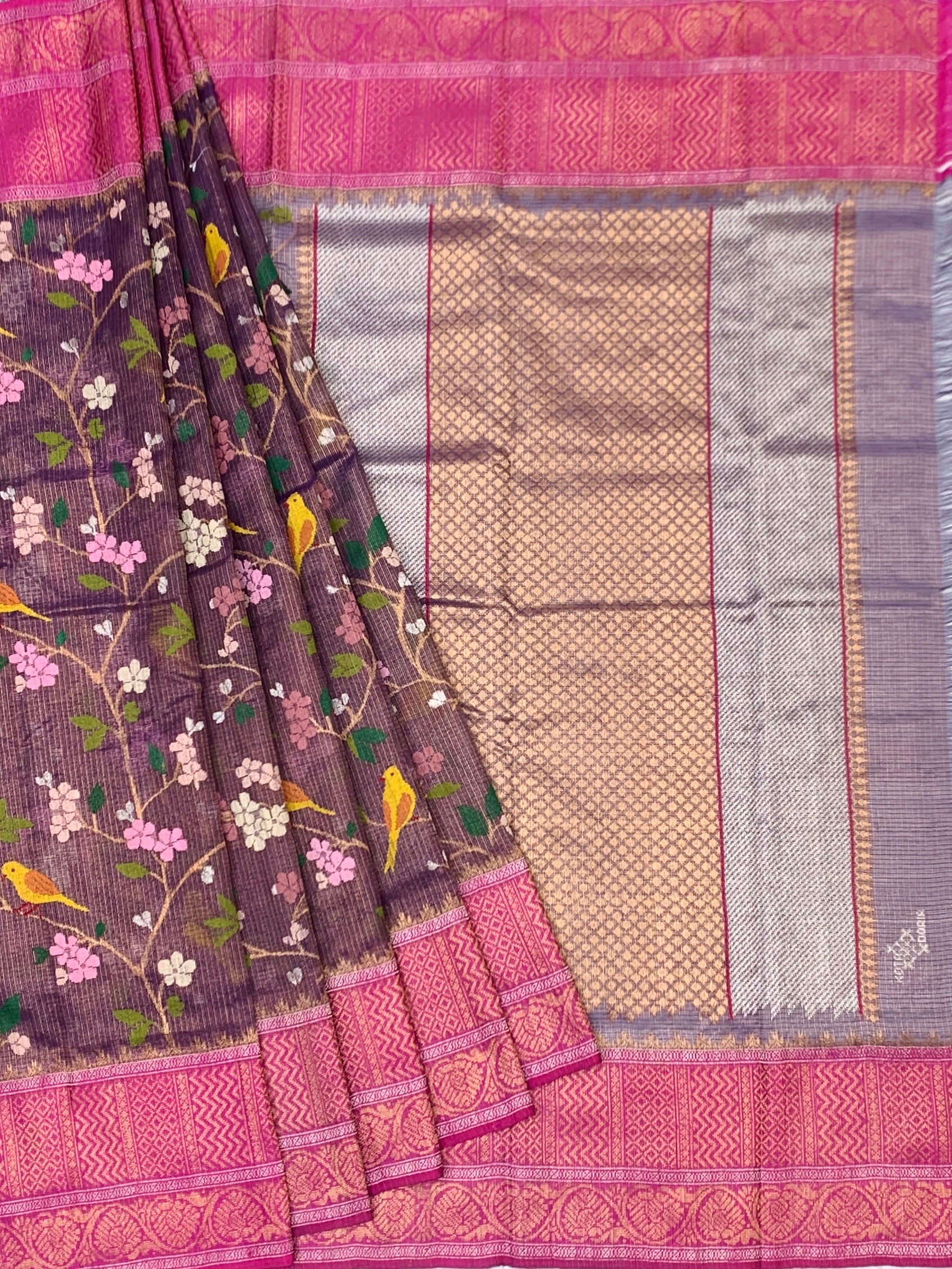 Plum Bird-Motif Tissue Zari Kota Saree with Fuchsia Blouse