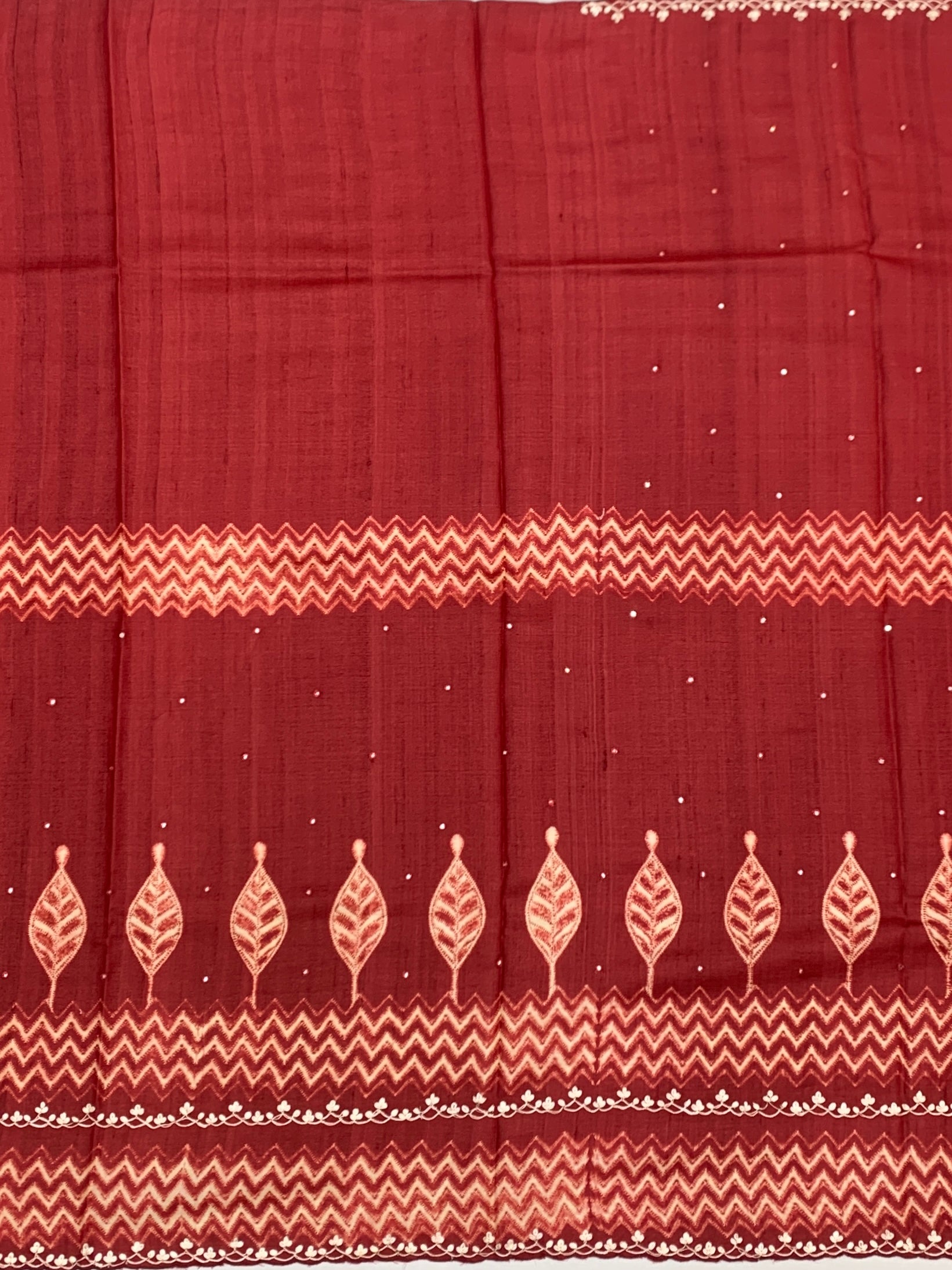 Deep Maroon Tussore Silk Saree with Chevron & Leaf Embroidery