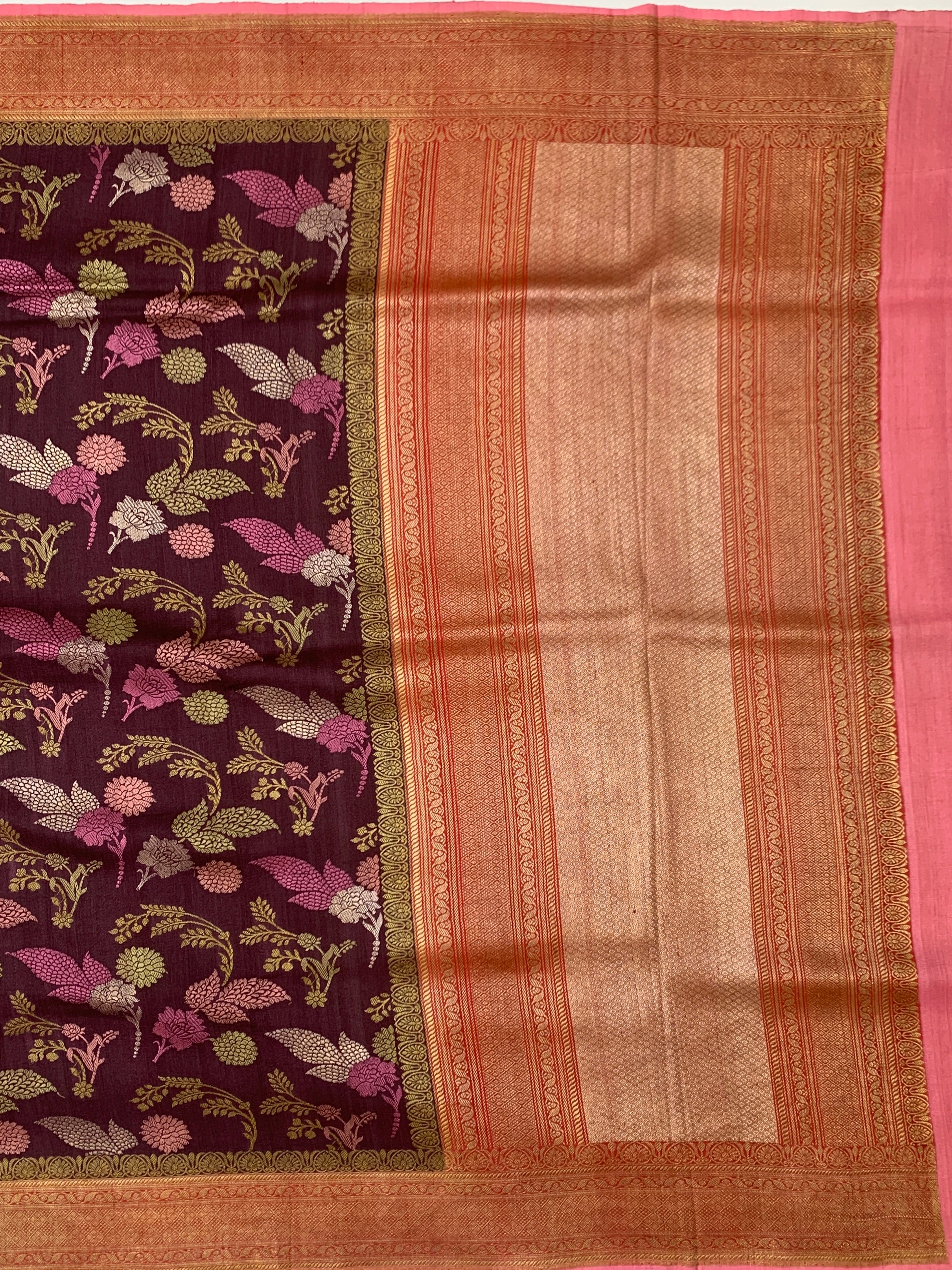 Deep Wine Tussore Georgette Saree with Floral Jaal & Contrasting Blouse