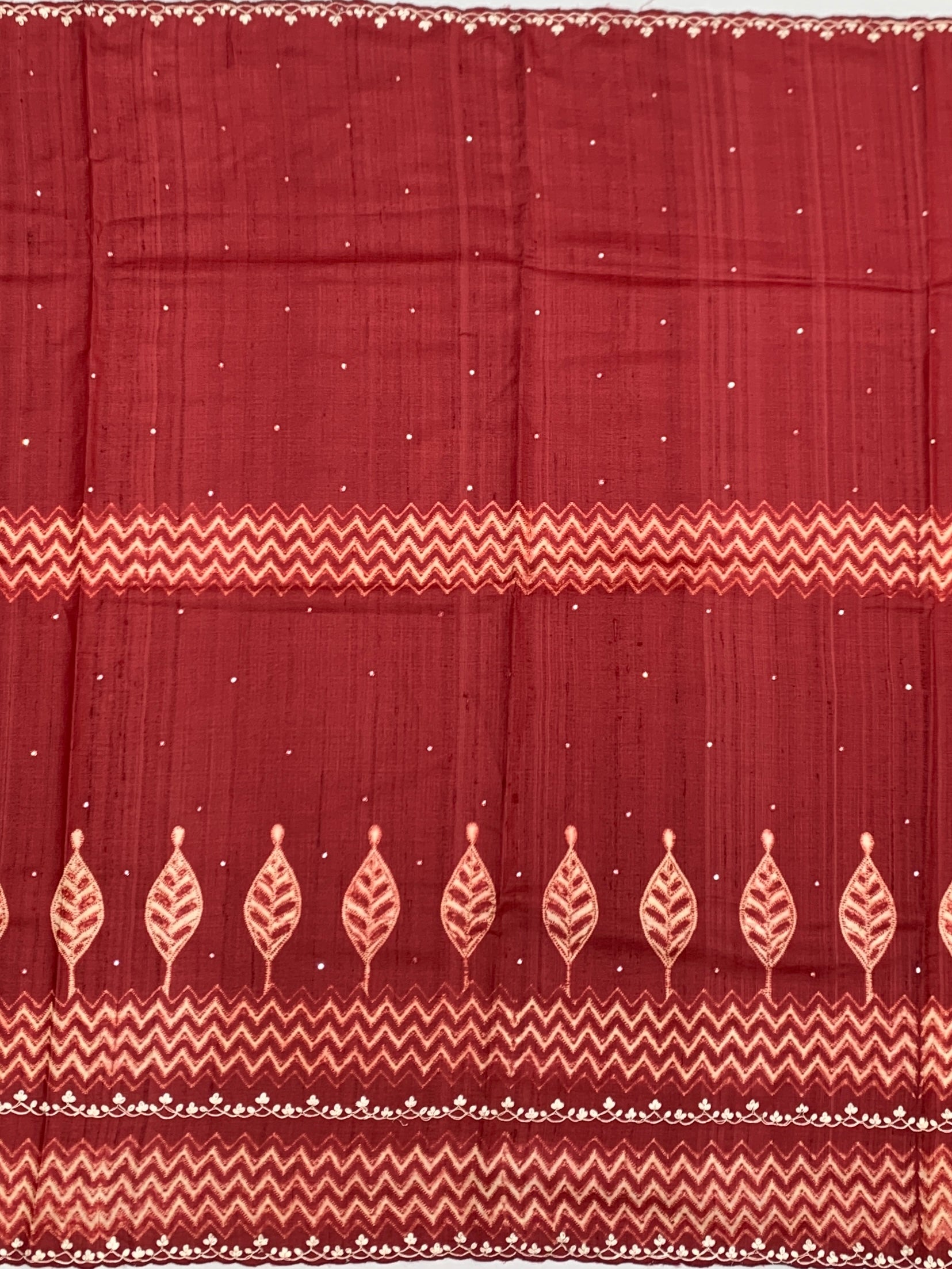 Deep Maroon Tussore Silk Saree with Chevron & Leaf Embroidery