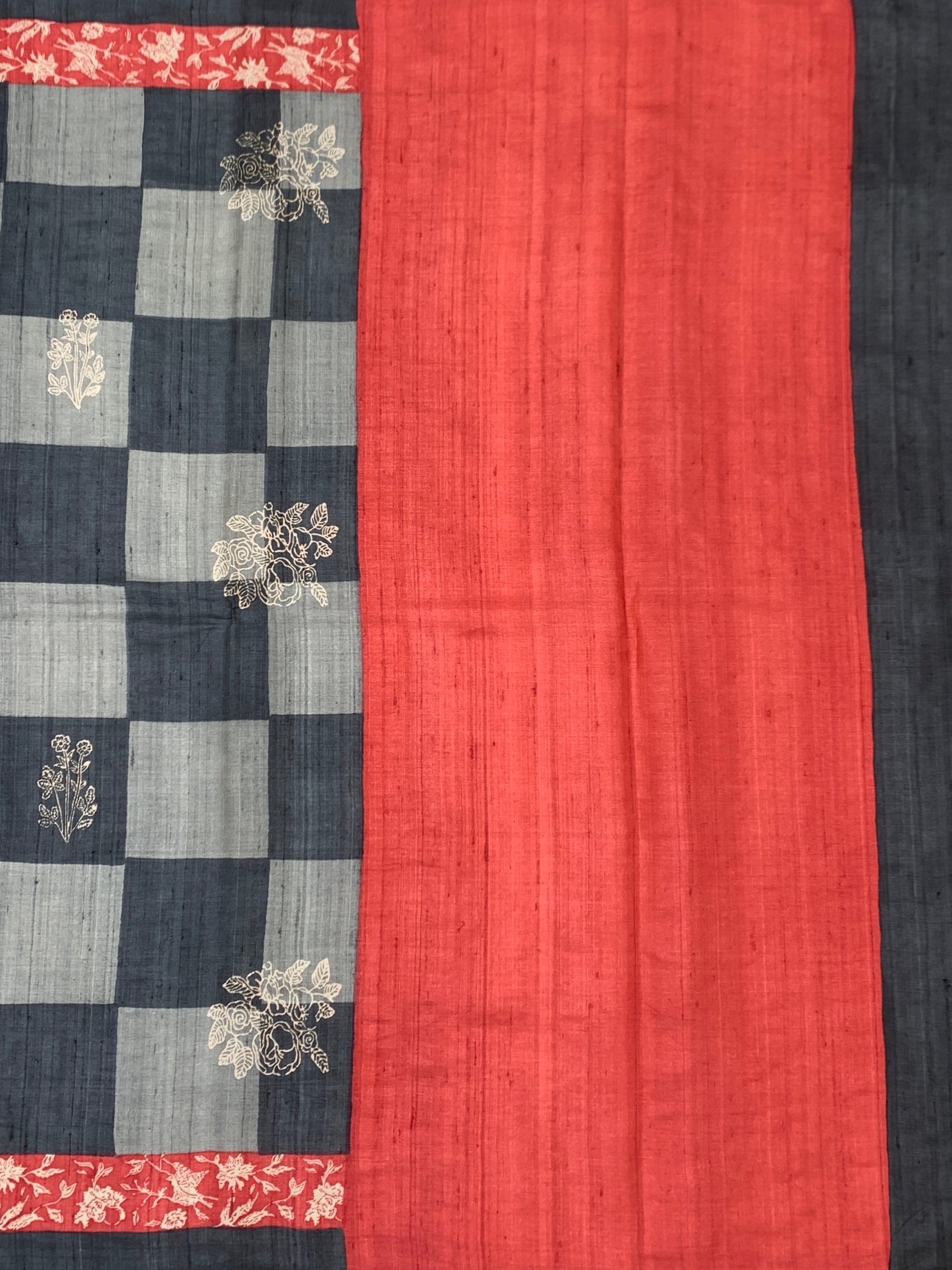 Charcoal & Crimson Checked Floral Tussore Saree