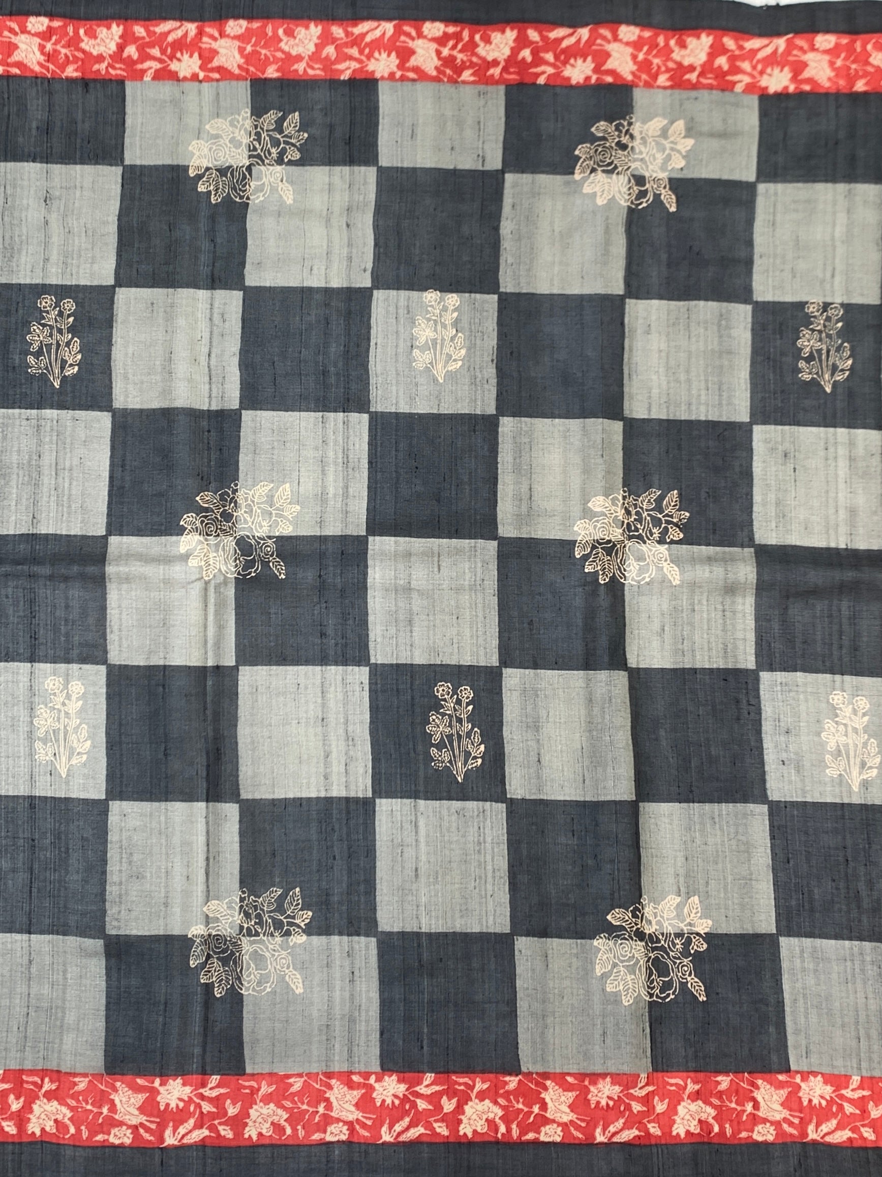 Charcoal & Crimson Checked Floral Tussore Saree