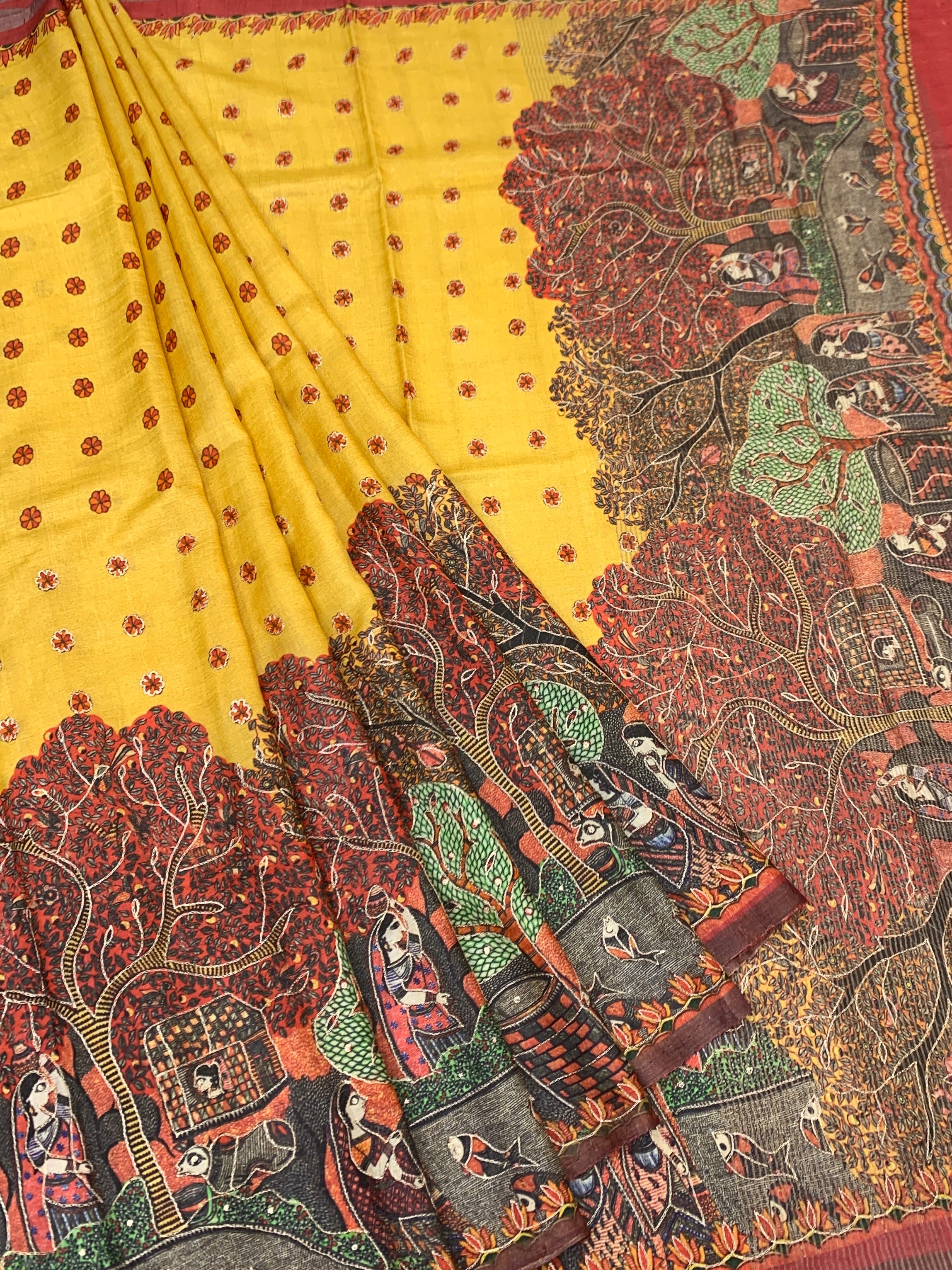 Mustard Yellow Tussore Silk Saree with Madhubani Folk Art Narrative & Micro-Bootis