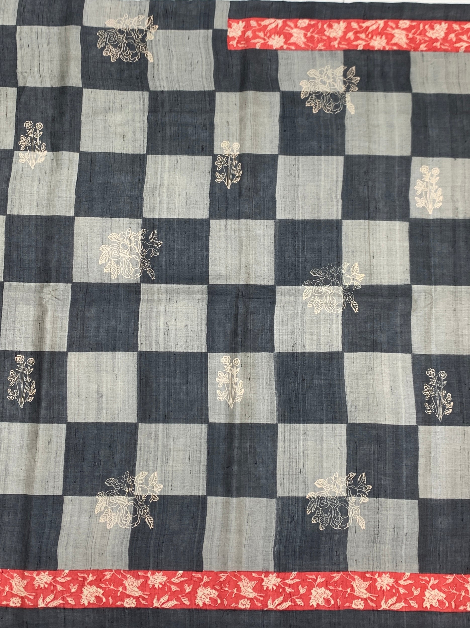 Charcoal & Crimson Checked Floral Tussore Saree