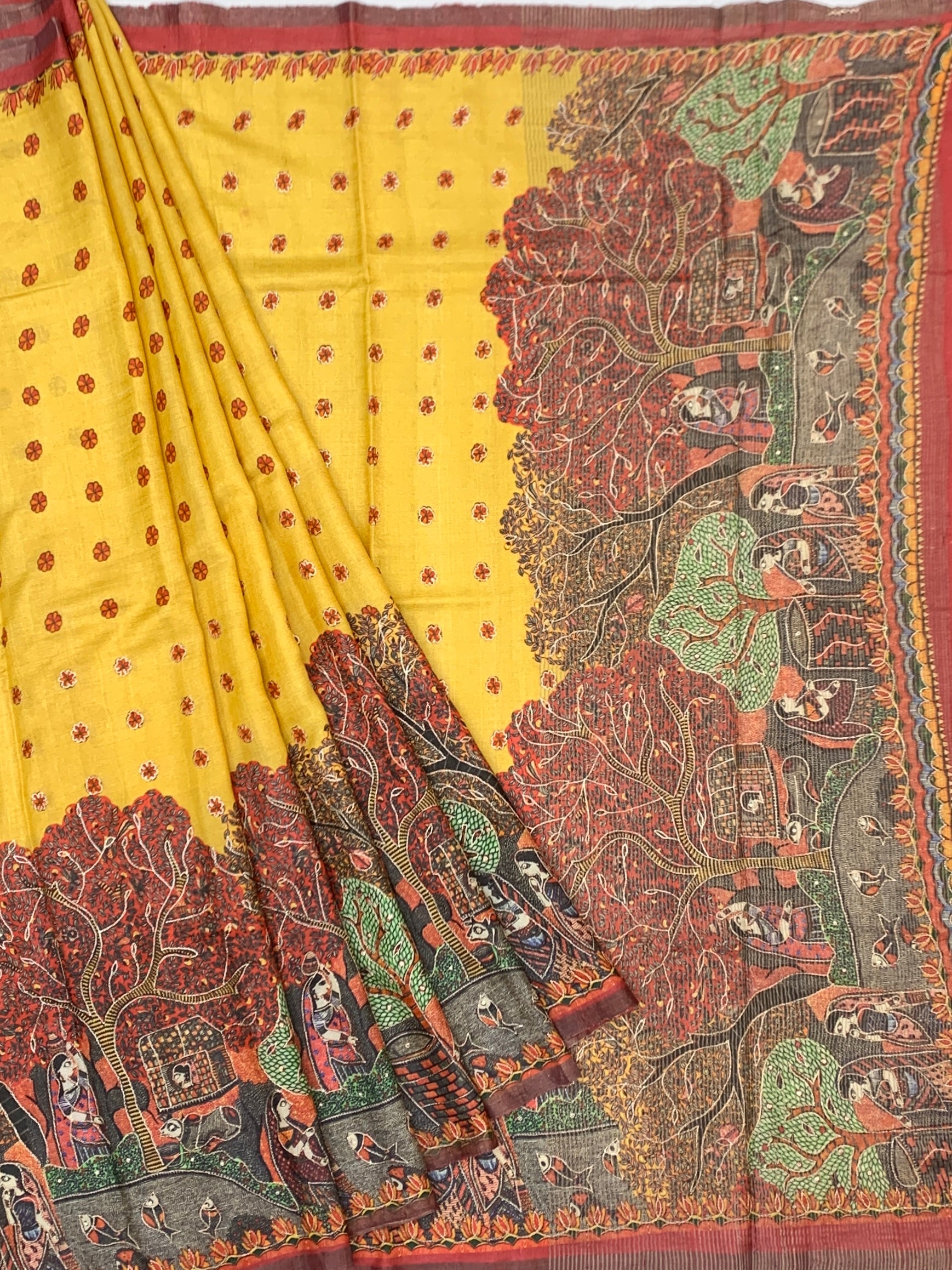 Mustard Yellow Tussore Silk Saree with Madhubani Folk Art Narrative & Micro-Bootis