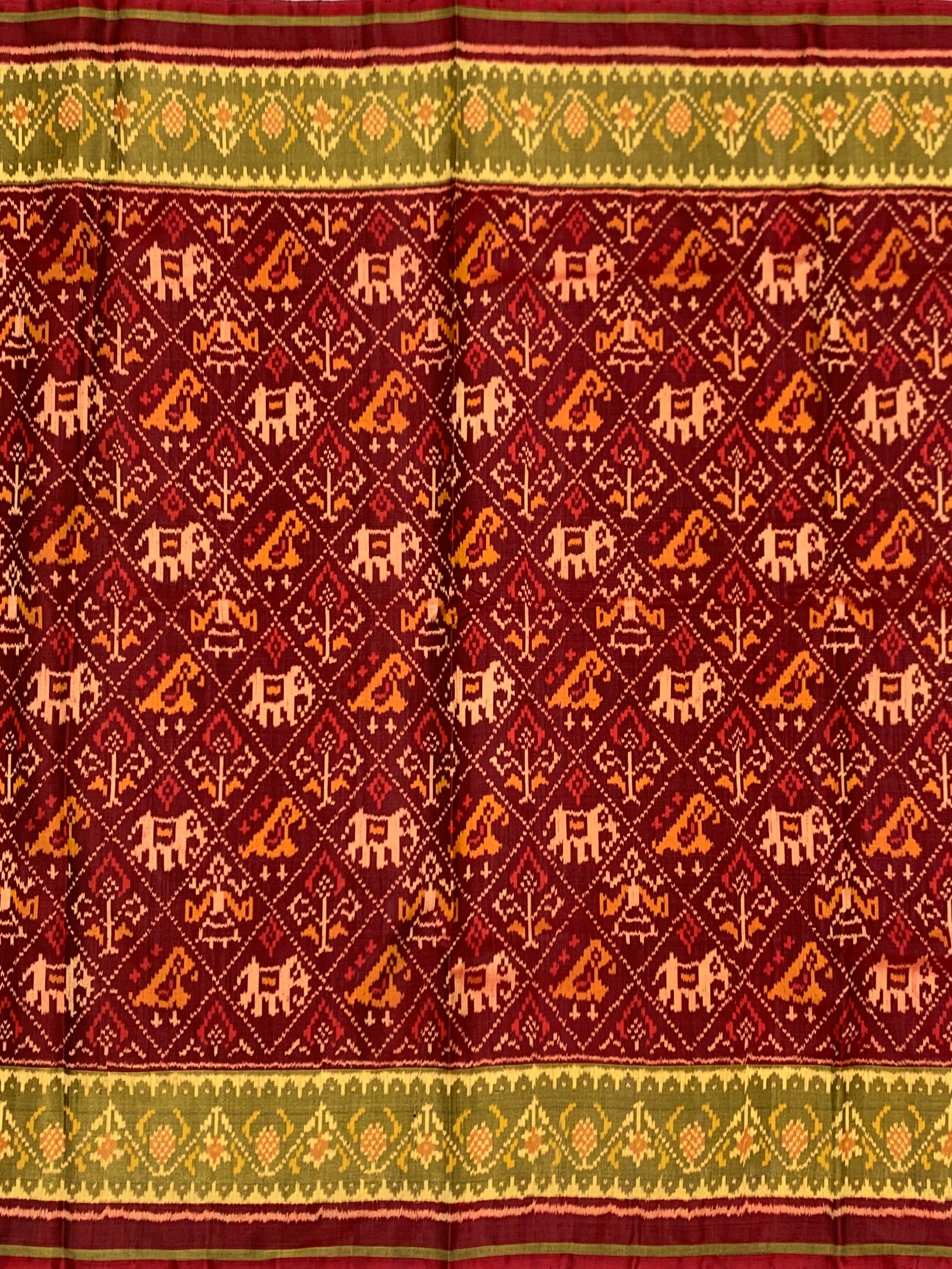 Deep Maroon & Olive Green: Elephant & Parrot Motif Rajkot Patola Silk Saree