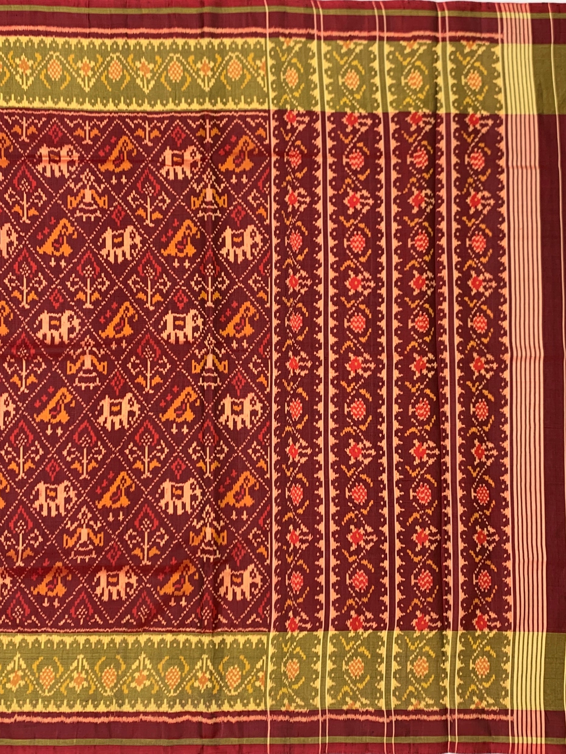 Deep Maroon & Olive Green: Elephant & Parrot Motif Rajkot Patola Silk Saree