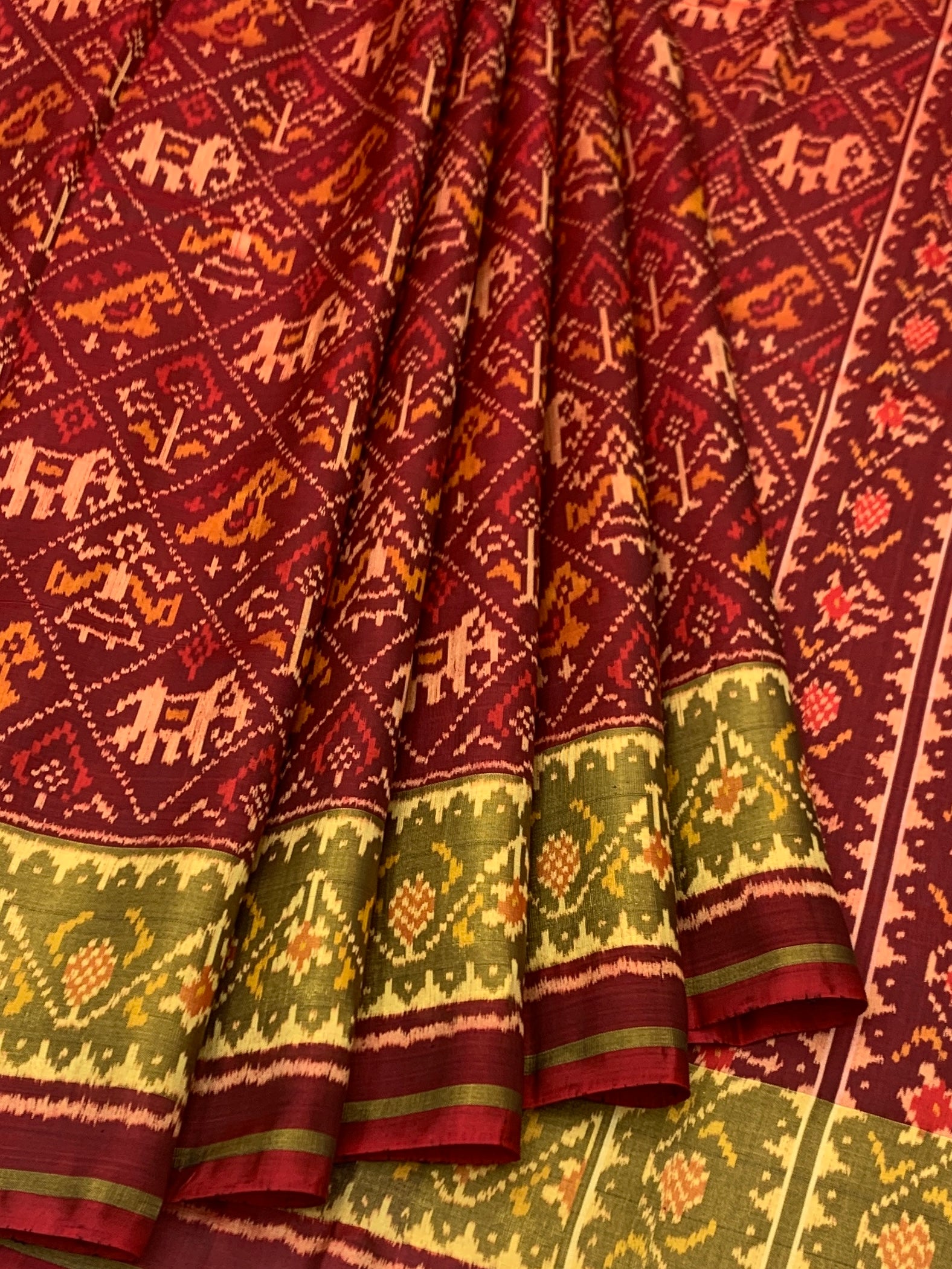 Deep Maroon & Olive Green: Elephant & Parrot Motif Rajkot Patola Silk Saree