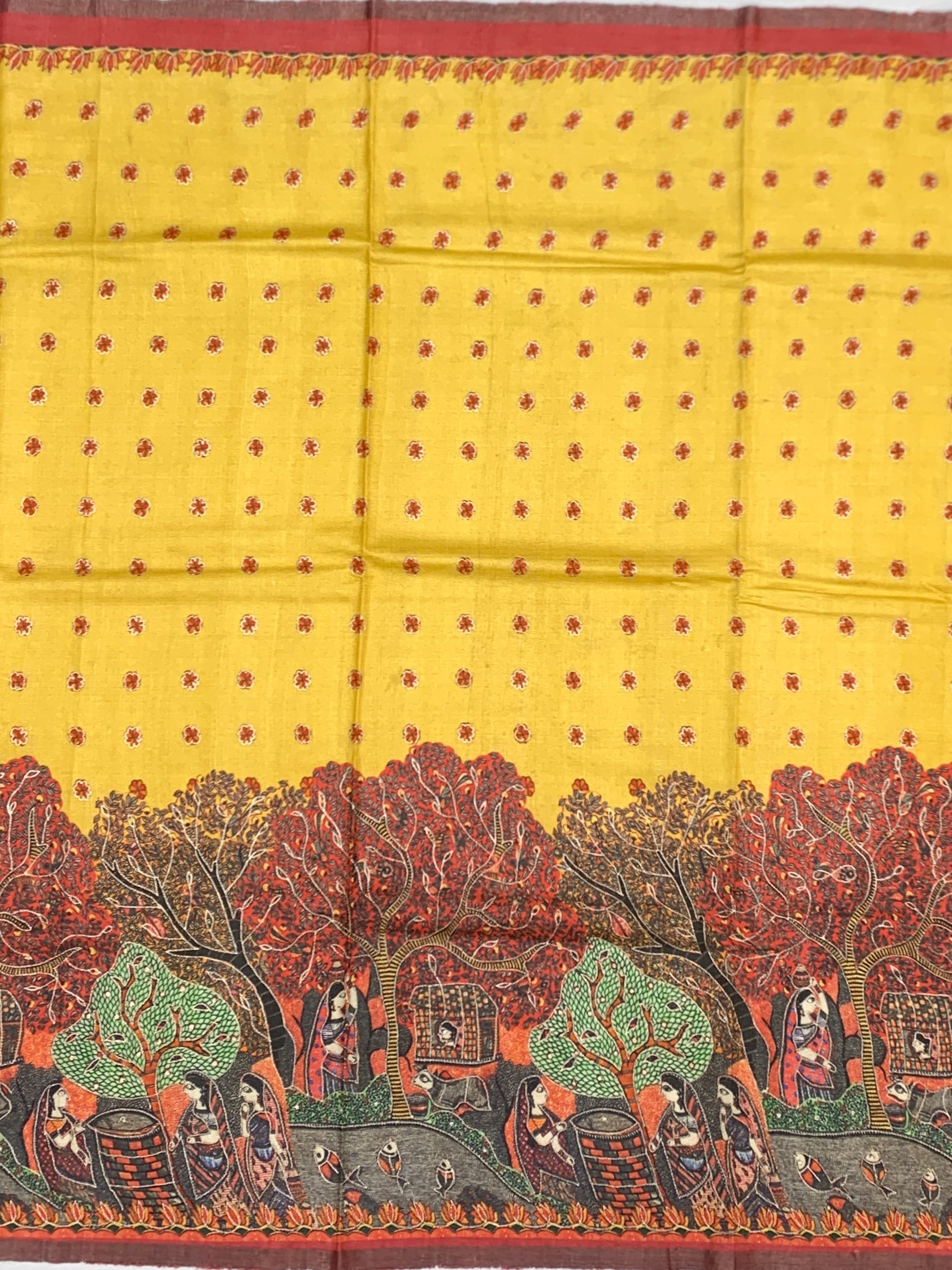 Mustard Yellow Tussore Silk Saree with Madhubani Folk Art Narrative & Micro-Bootis