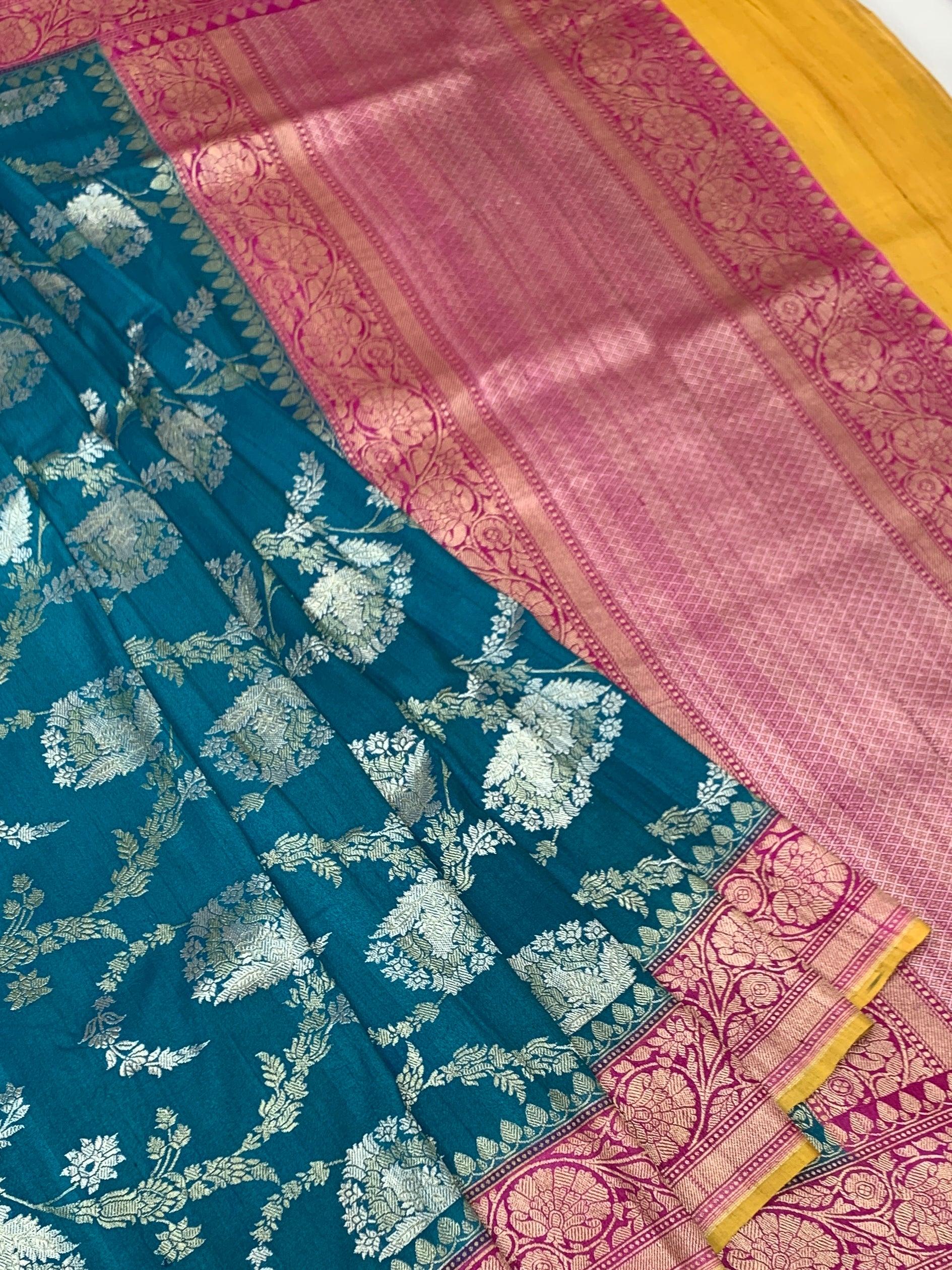 Teal Blue Tussore Georgette Saree with Contrast Pink Border