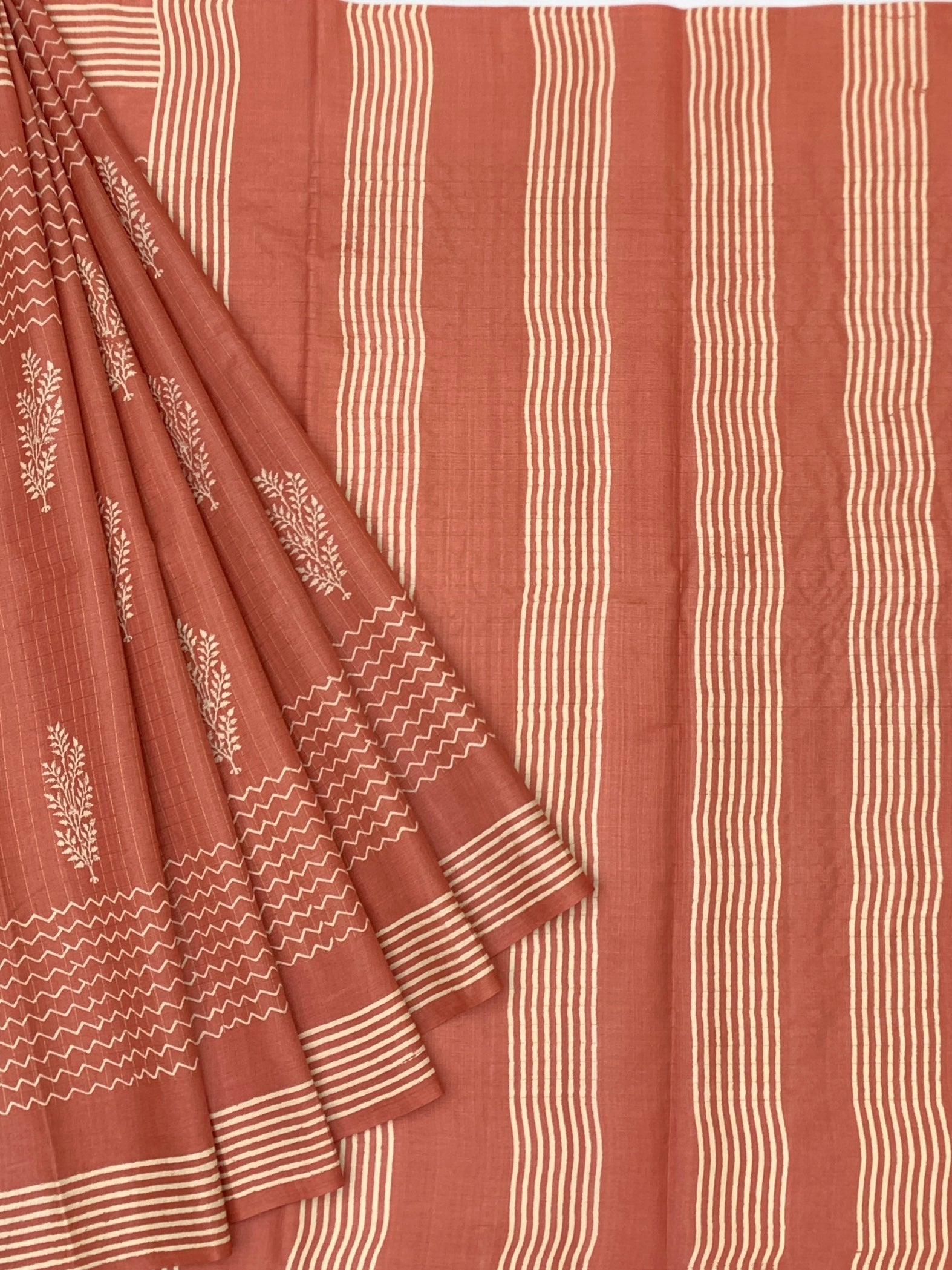 Earthy Terracotta Rust Printed Tussore Saree
