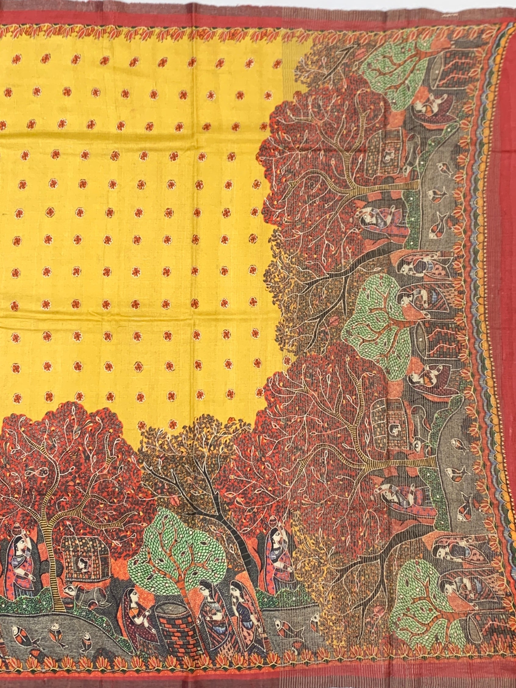 Mustard Yellow Tussore Silk Saree with Madhubani Folk Art Narrative & Micro-Bootis