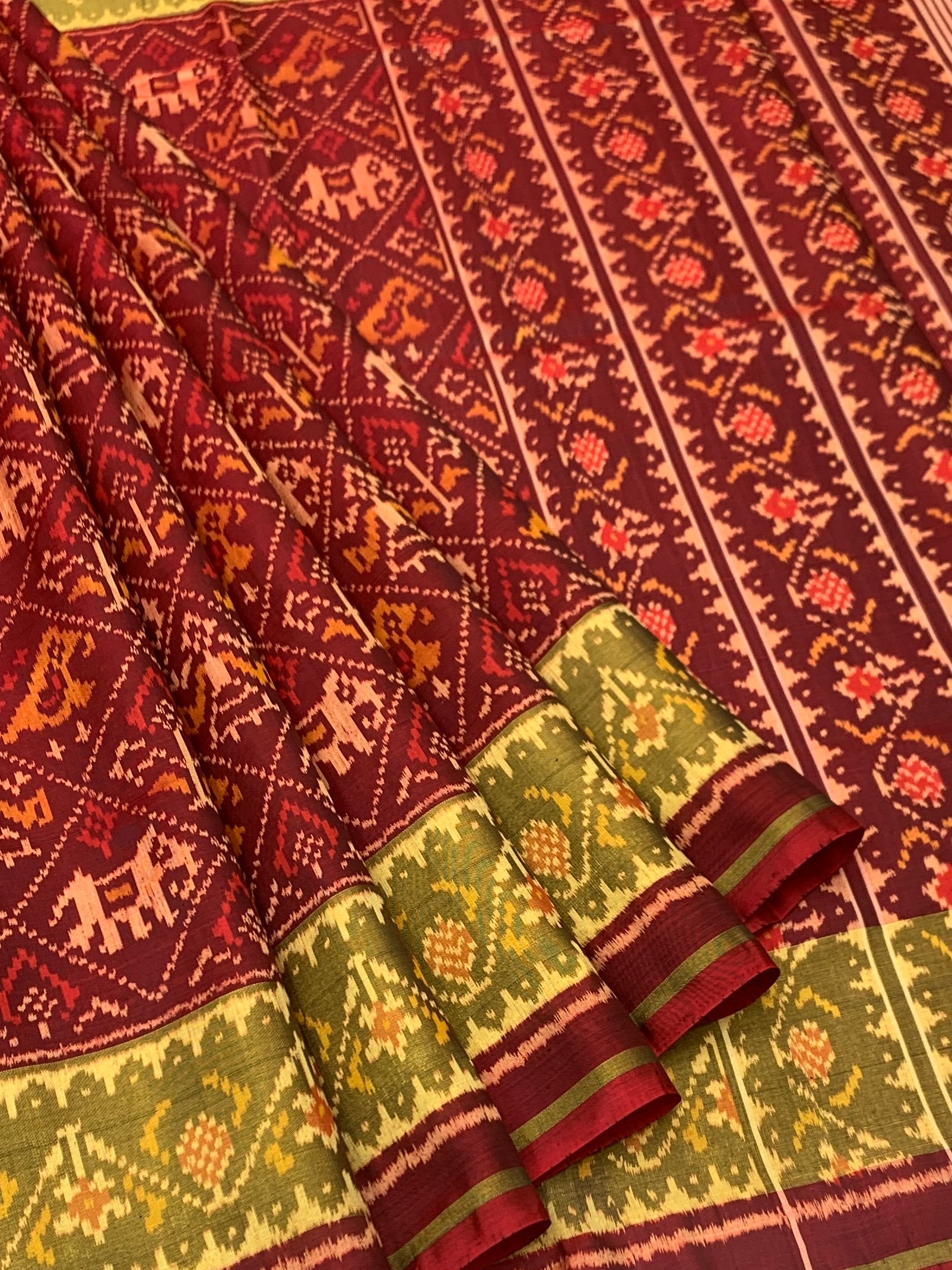 Deep Maroon & Olive Green: Elephant & Parrot Motif Rajkot Patola Silk Saree