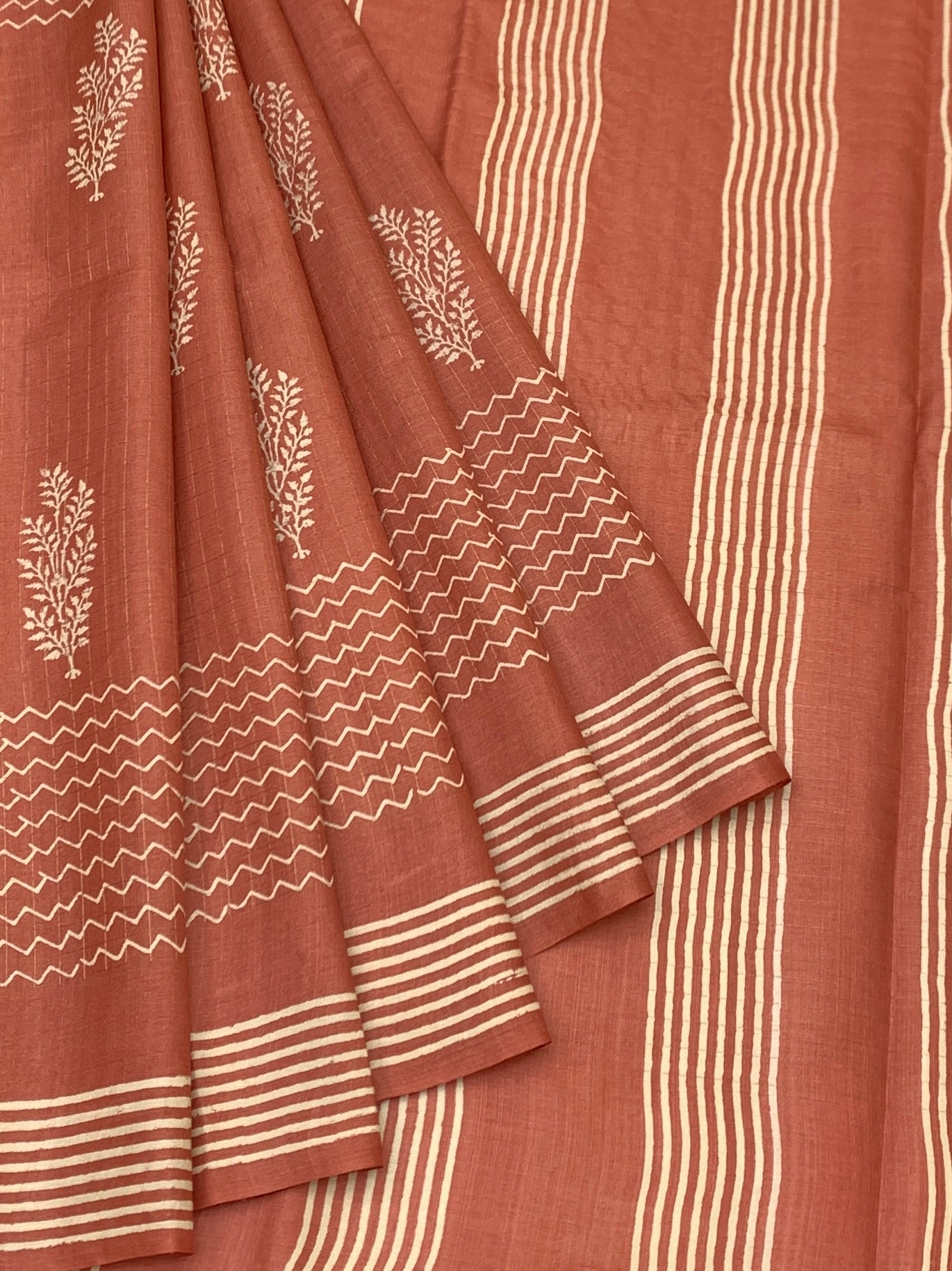 Earthy Terracotta Rust Printed Tussore Saree